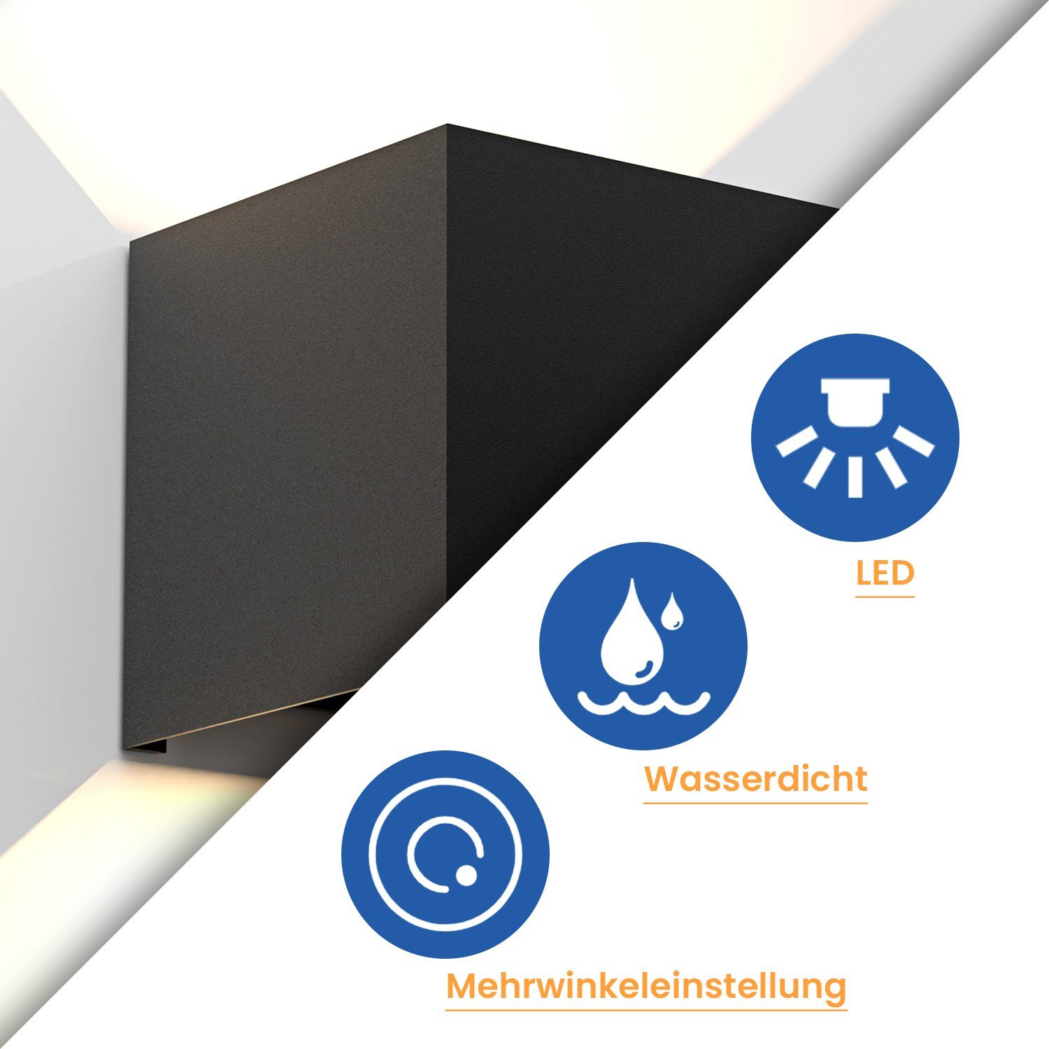 Applique da parete per esterni a forma di cubo nero con icone LED, impermeabile e regolazione multi-angolo.