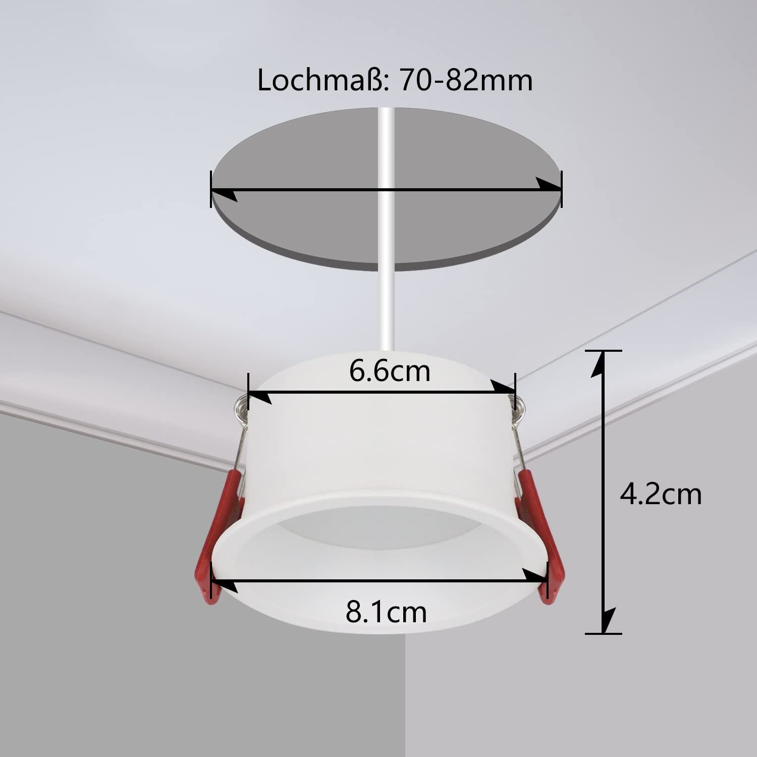 Un incasso con misure: 6,6 cm di diametro, 4,2 cm di profondità, 8,1 cm di larghezza.