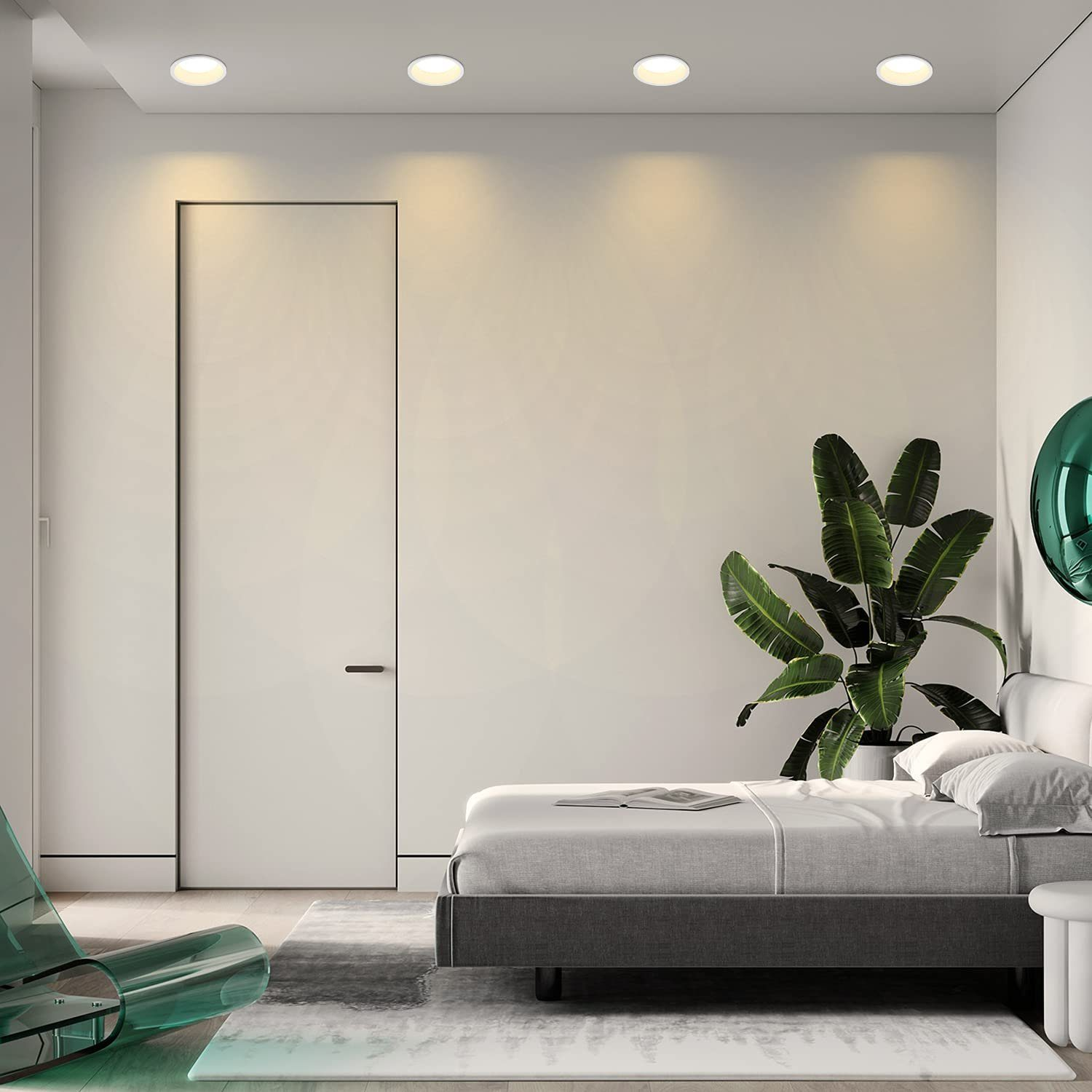 Modernes Schlafzimmer mit Bett, Pflanze und Deckenleuchten.