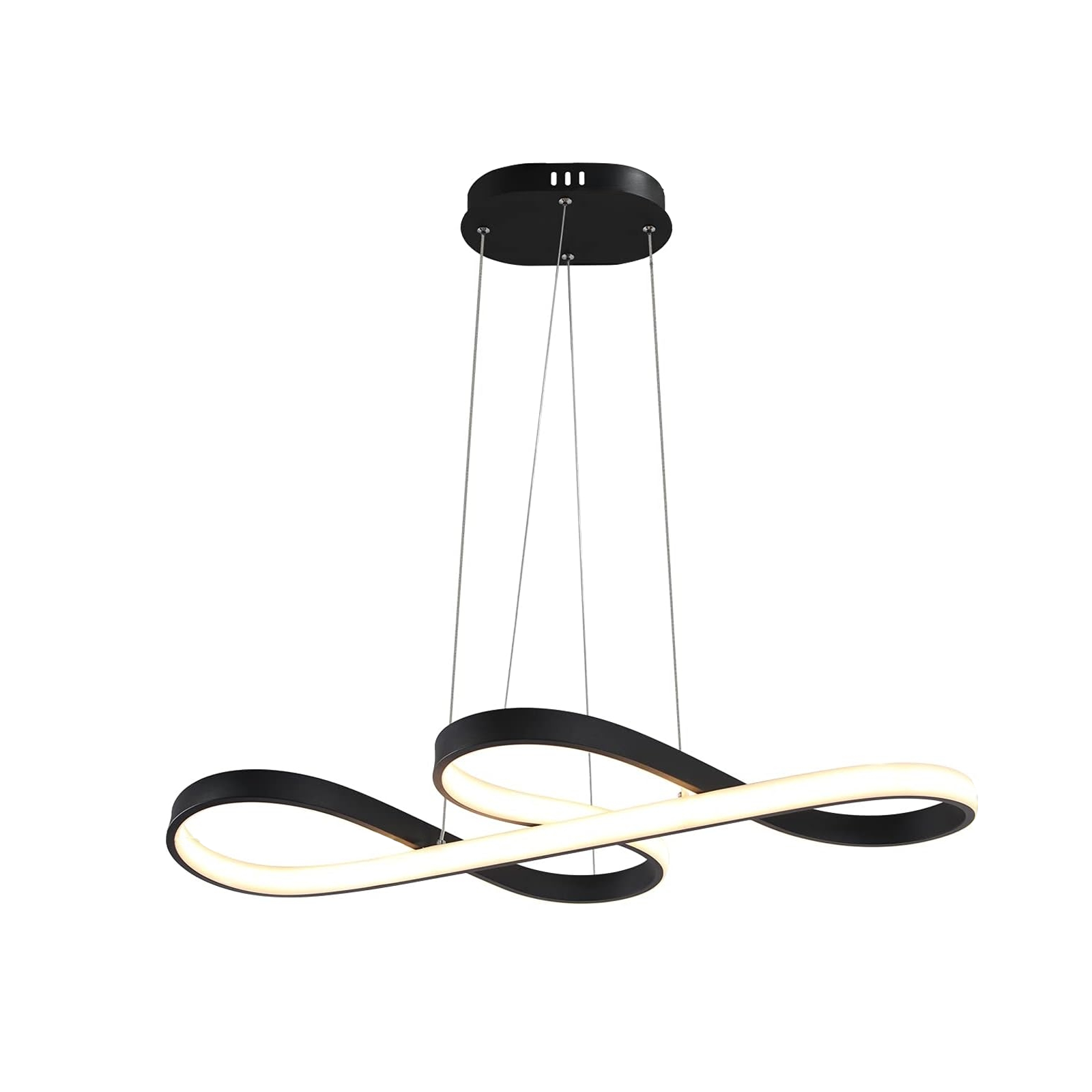 Lampada a sospensione nera a forma di simbolo dell'infinito con luce brillante. Appesa al soffitto.