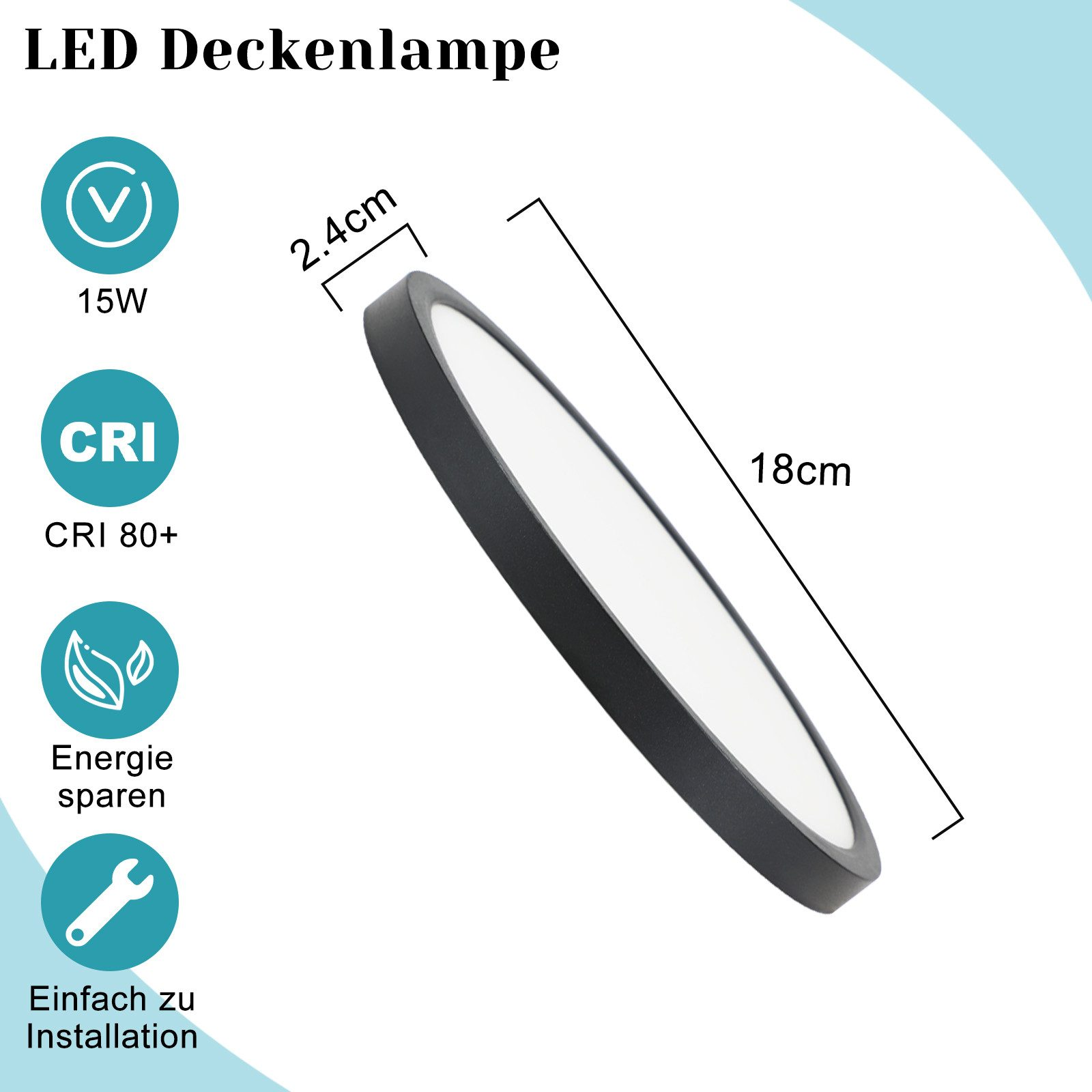Lampa sufitowa LED z wymiarami. Lampa jest czarno-biała. Pokazano CRI.