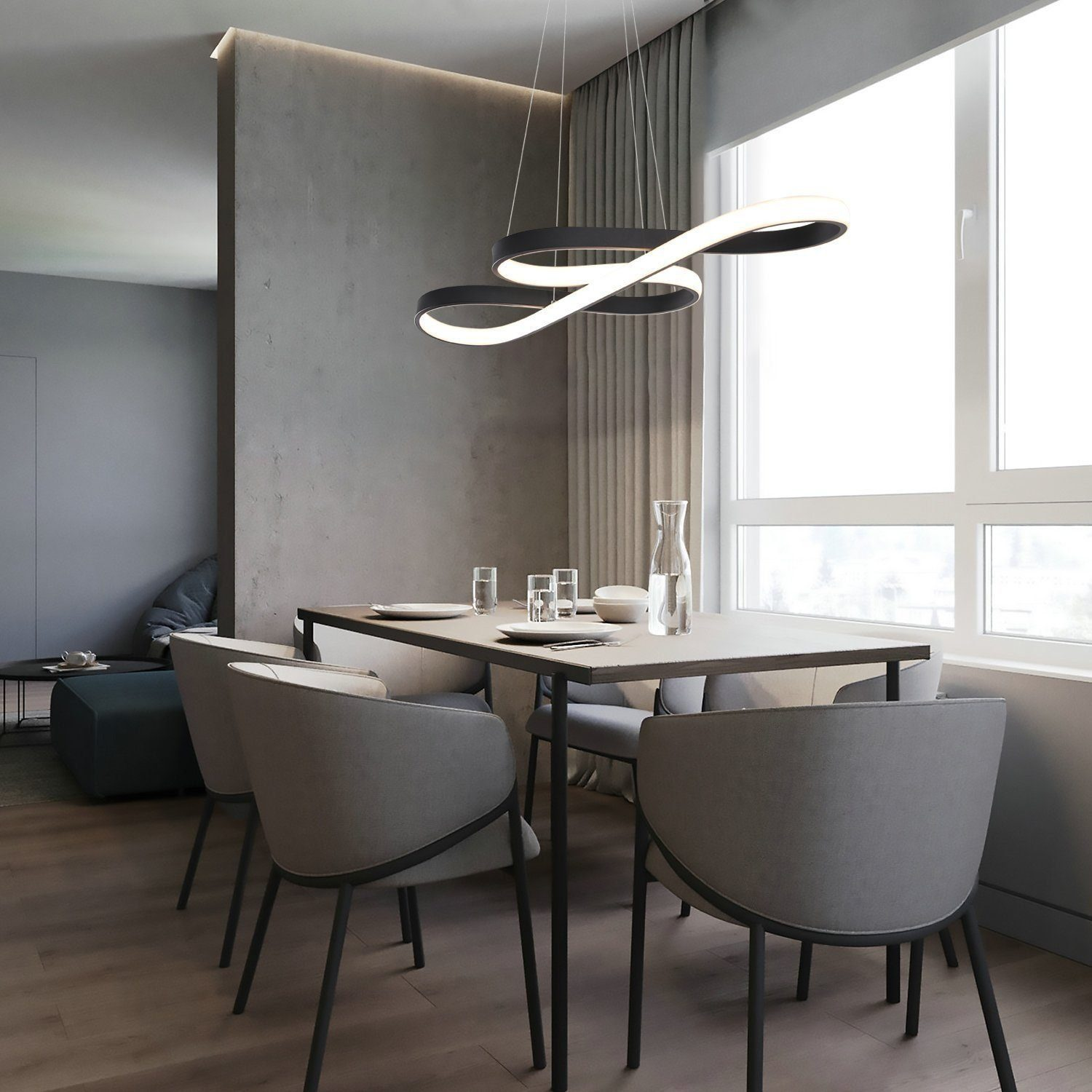 Una sala da pranzo moderna con un tavolo scuro, sedie grigie e un lampadario a forma di infinito.
