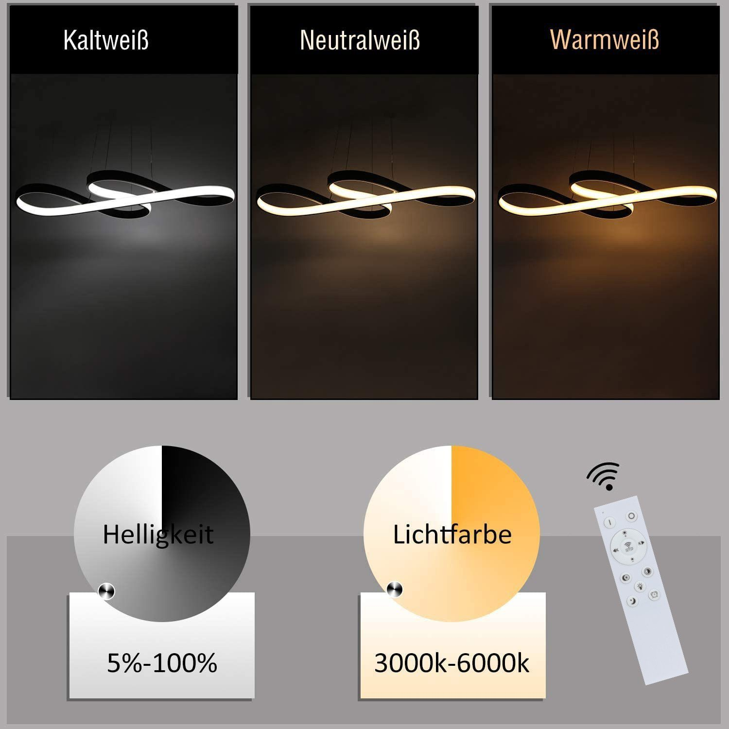 Immagini di una lampada nera a forma di onda con opzioni di illuminazione bianca, neutra e calda.