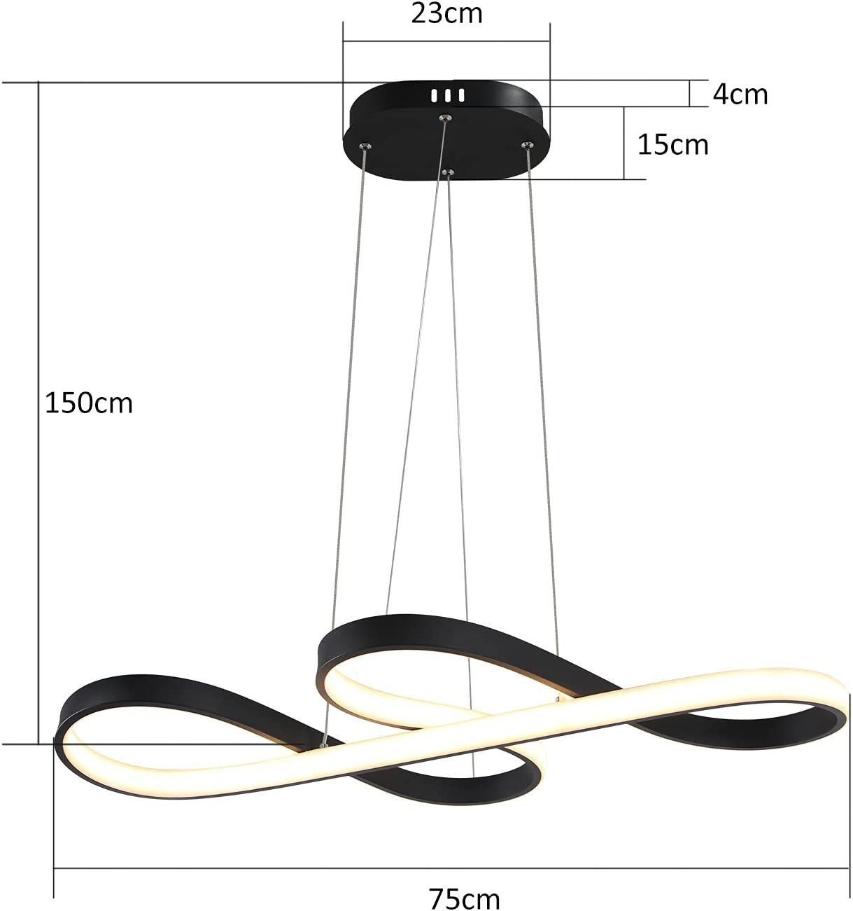 Un lampadario moderno in bianco e nero con un design curvo. Le dimensioni sono visualizzate intorno ad esso.
