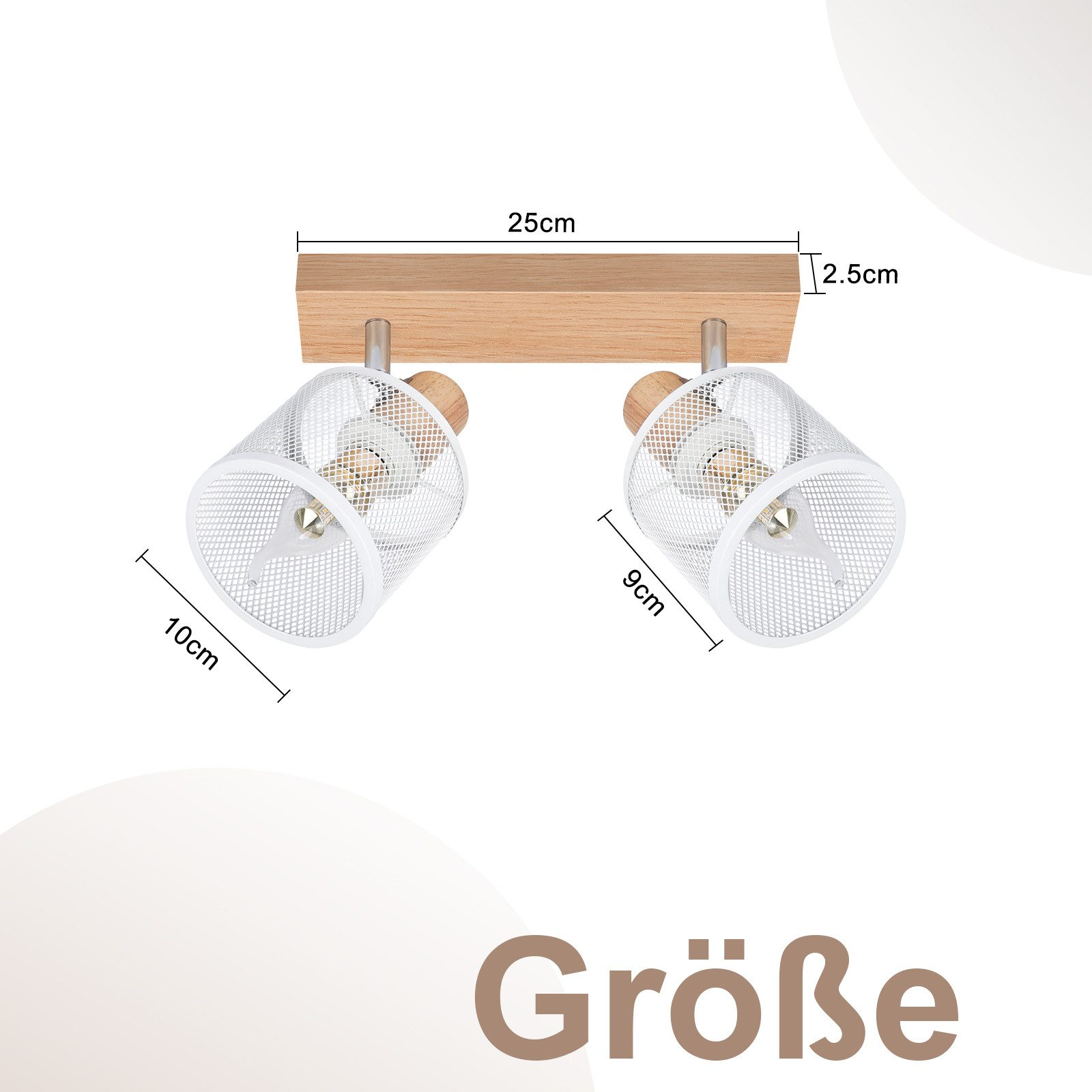 Due faretti bianchi con base in legno. Le dimensioni sono visualizzate sull'immagine.