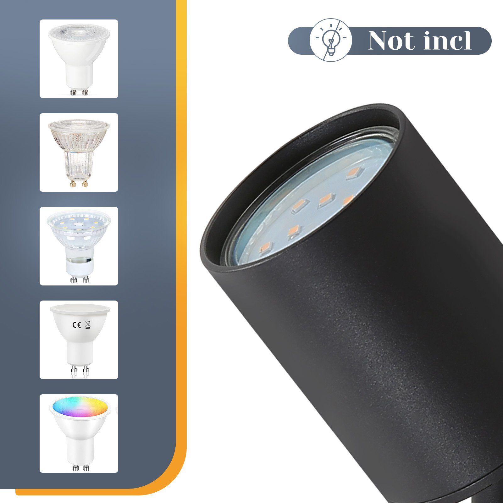 Czarna lampa zewnętrzna z bliskim widokiem, po lewej stronie różne rodzaje żarówek.