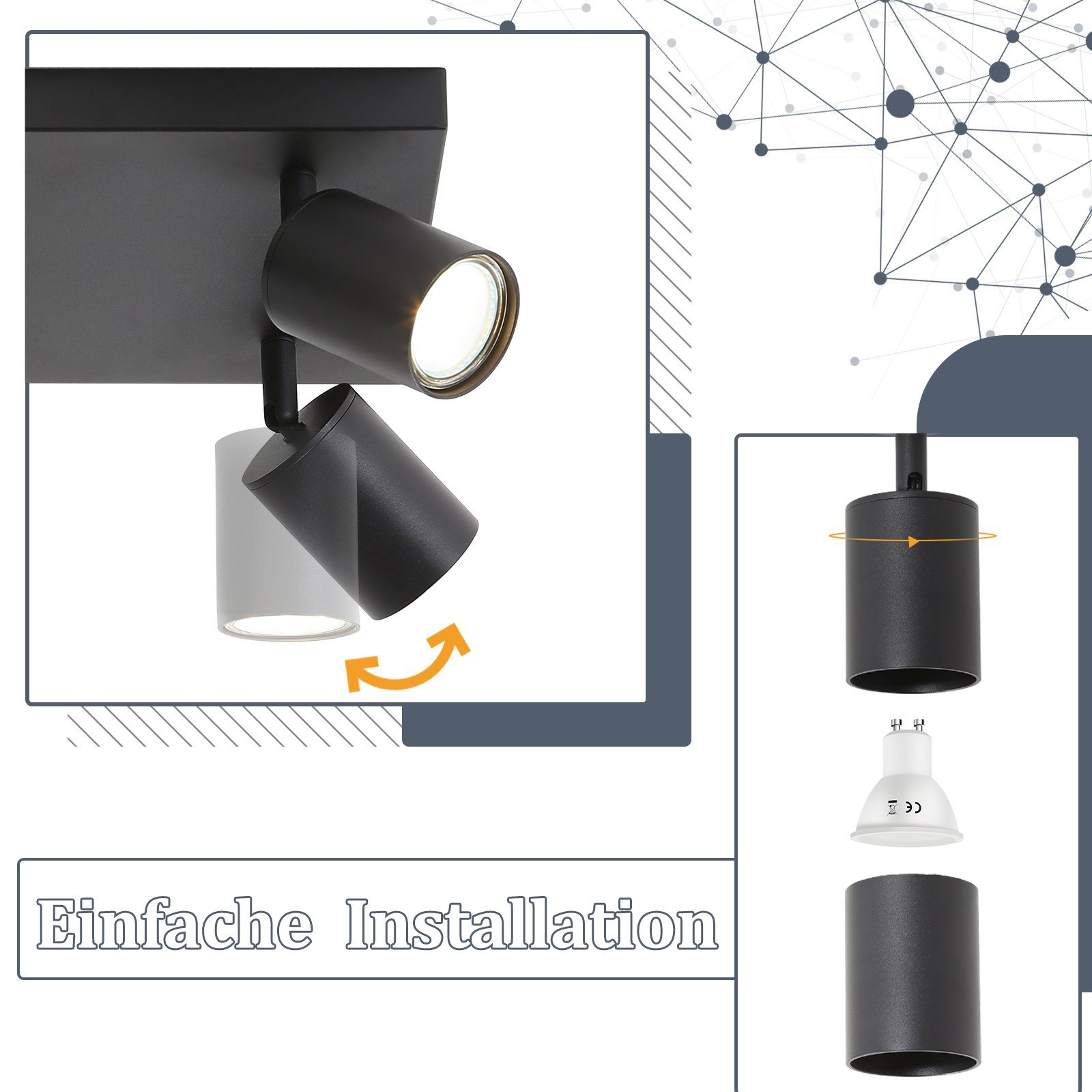 Czarne reflektory z regulowanymi głowicami. Obraz pokazuje, jak wymienić żarówkę.