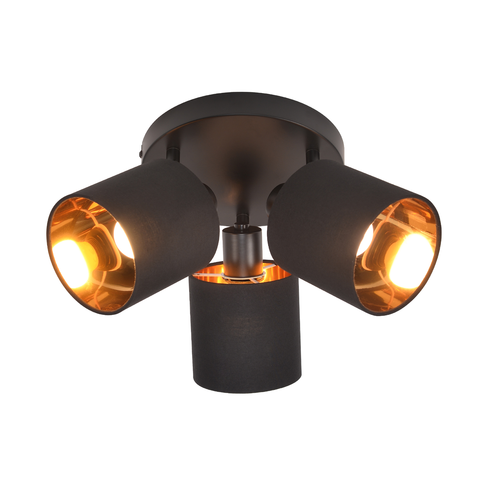 Lampada da soffitto nera con tre faretti. Interno dorato. Sfondo bianco.