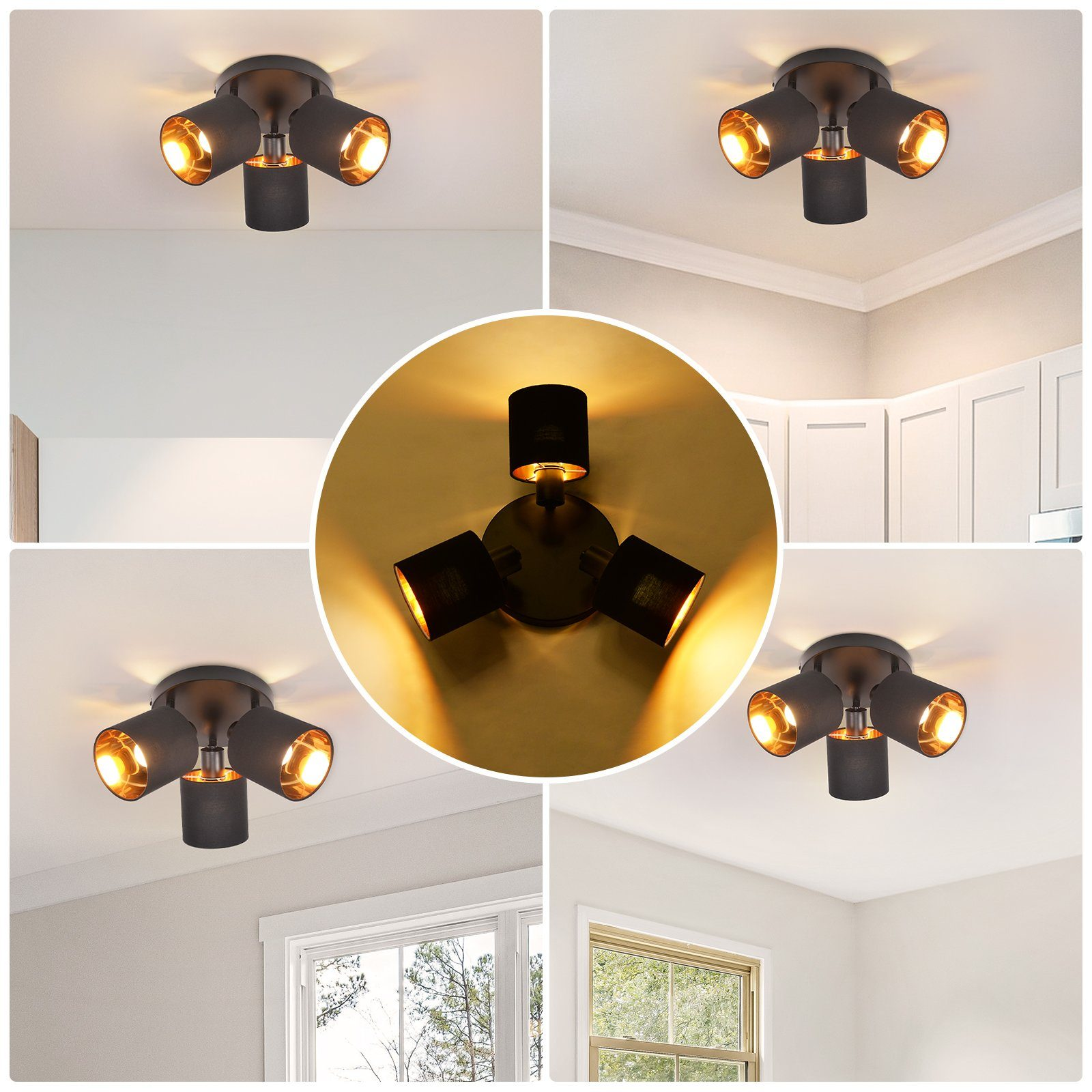 Diverse viste di un'applique da soffitto nera con tre teste regolabili, ciascuna con interno dorato.