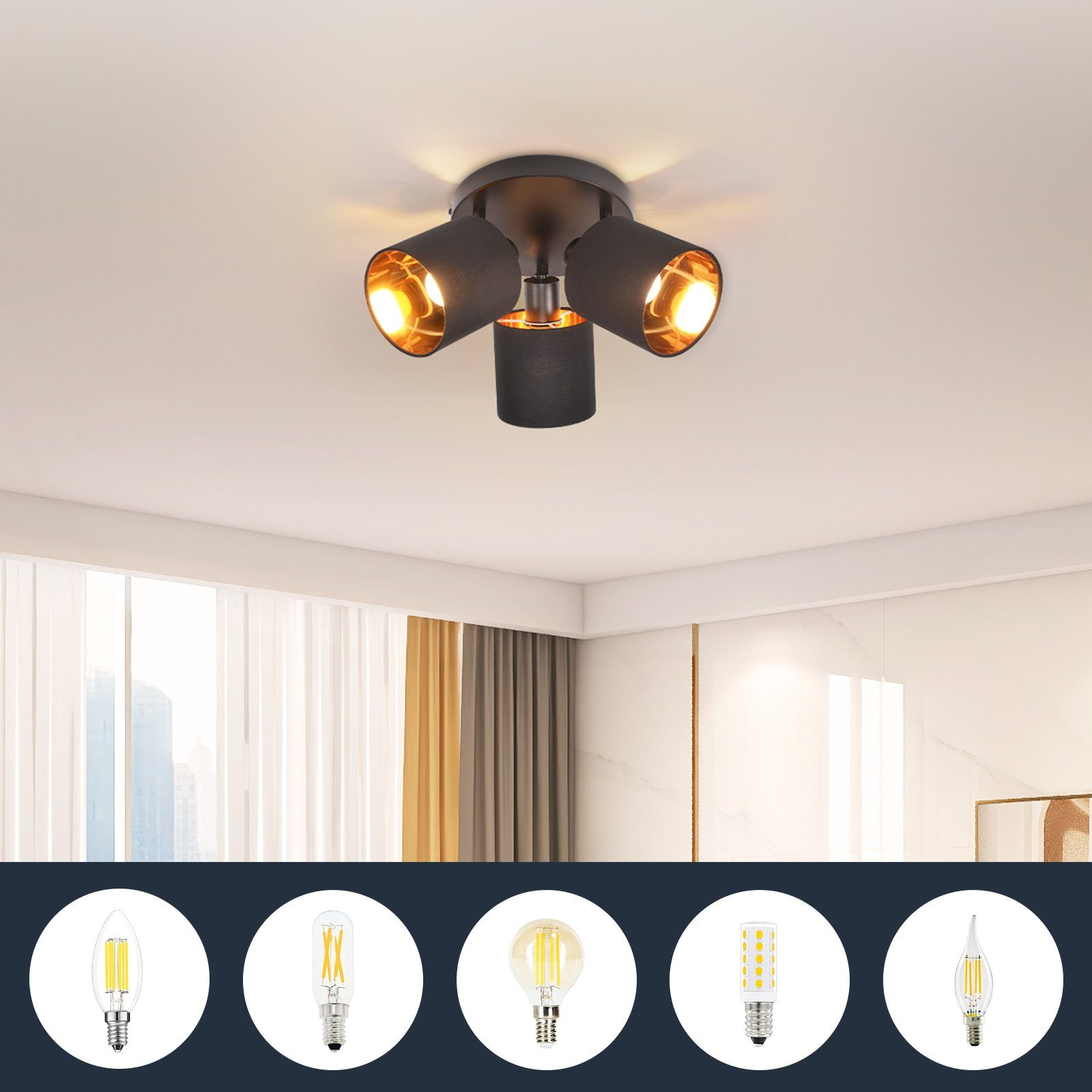 Lampada da soffitto con tre lampade nere regolabili. Vengono mostrati cinque stili di lampadine. La stanza ha pareti bianche.