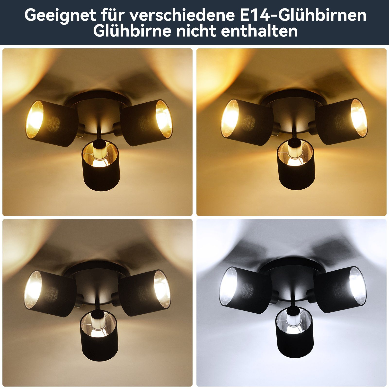 Quattro viste di una plafoniera multi-lampadina che emette diverse tonalità di luce: calda e fredda.