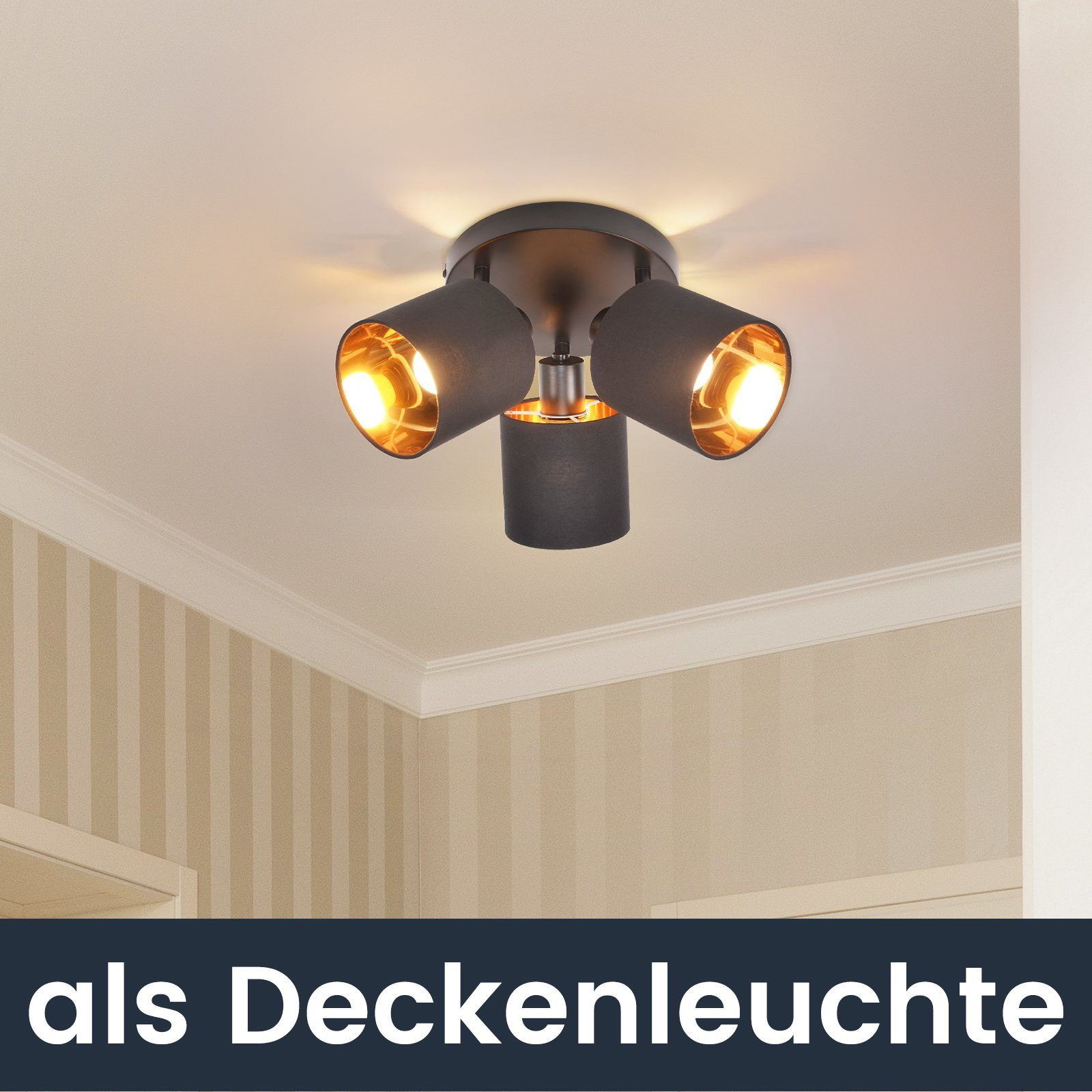Tre faretti neri su un soffitto bianco. Il testo in basso recita 'als Deckenleuchte'.