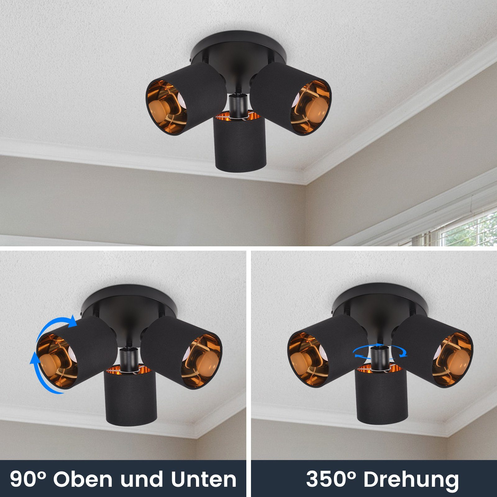 Tre immagini di una plafoniera nera con tre lampade regolabili. Le lampade possono essere regolate su e giù e ruotare di 360 gradi.