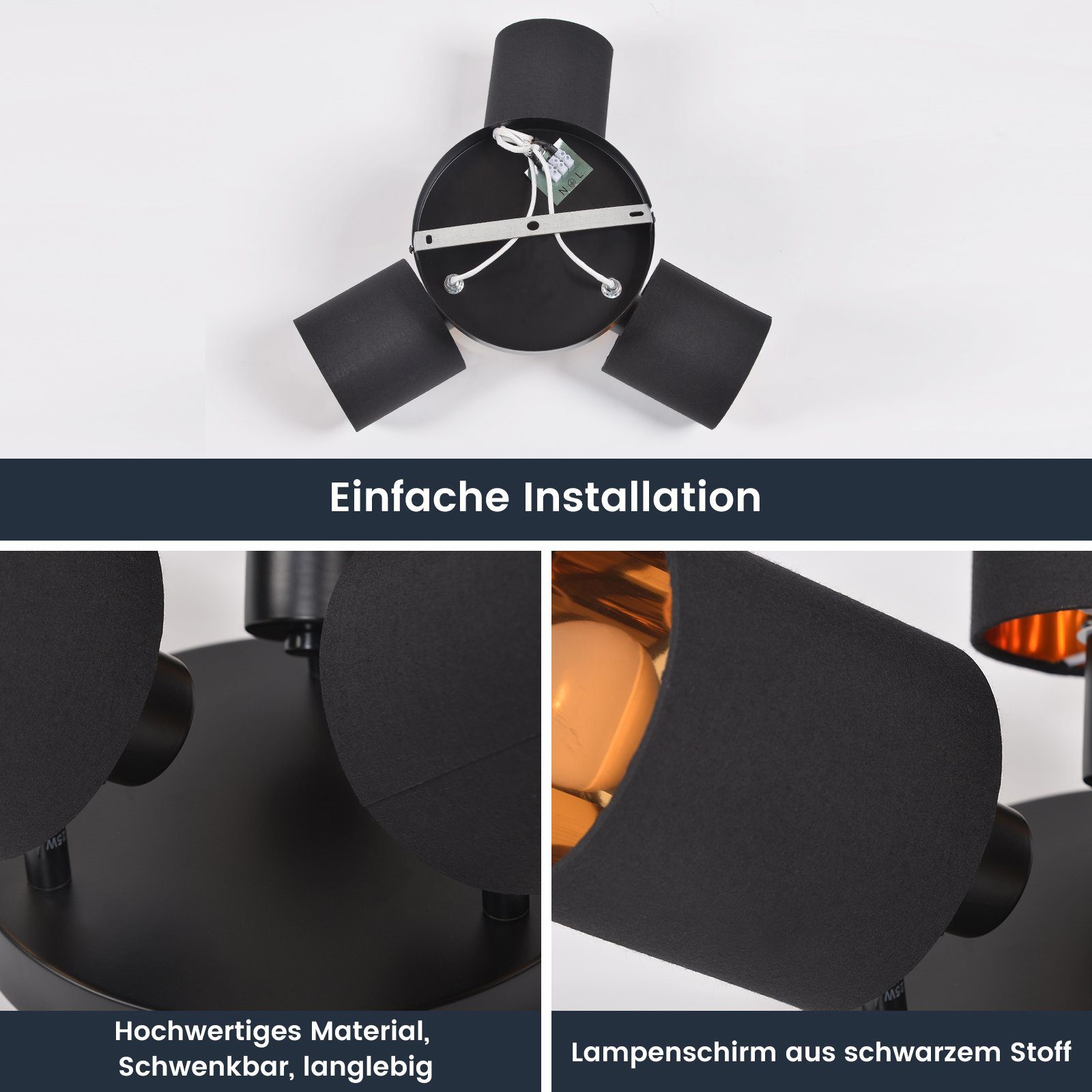 Lampada da soffitto nera con tre paralumi regolabili, vista dall'alto. Testo: Facile installazione, materiale di alta qualità.