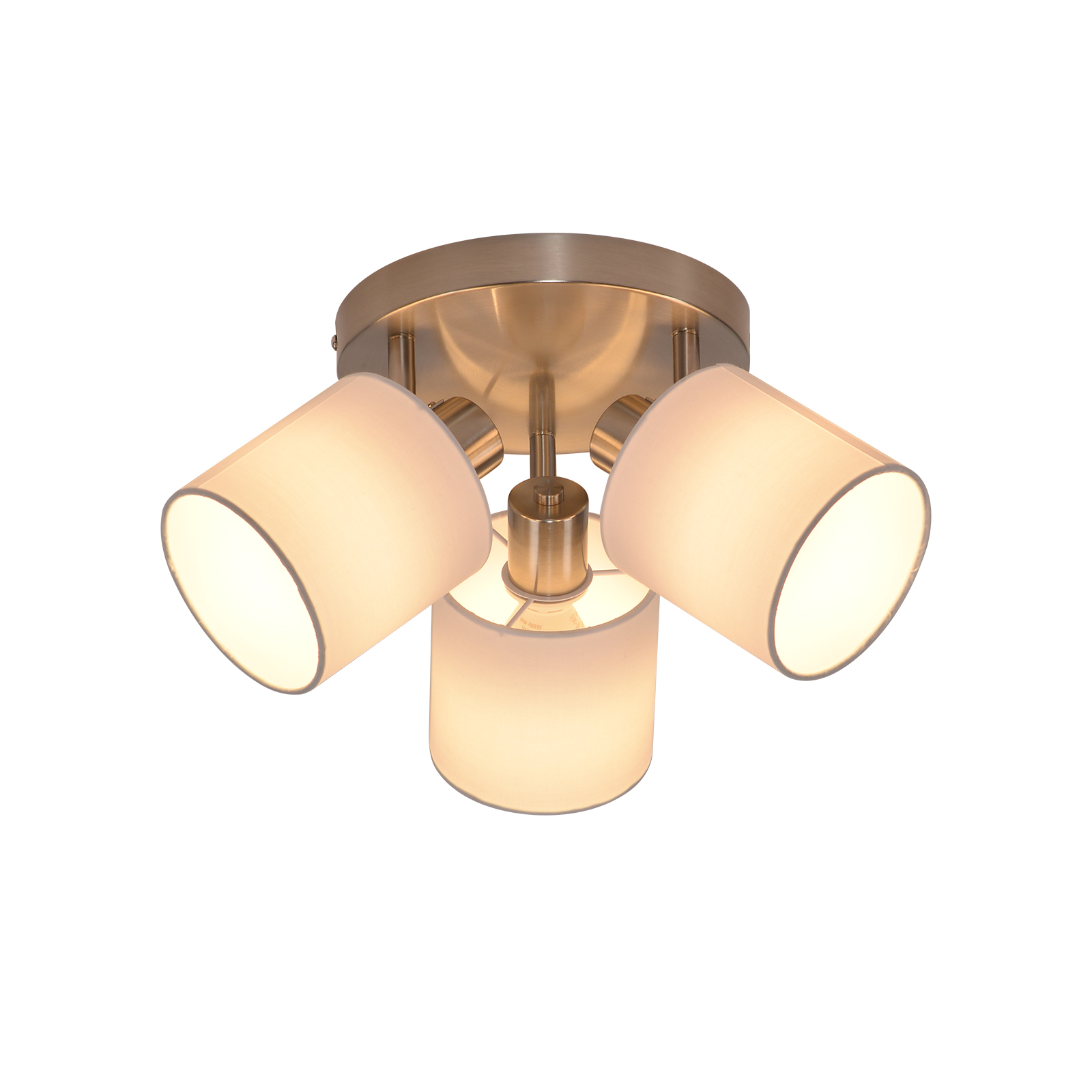 Oprawa sufitowa z trzema białymi, cylindrycznymi kloszami.