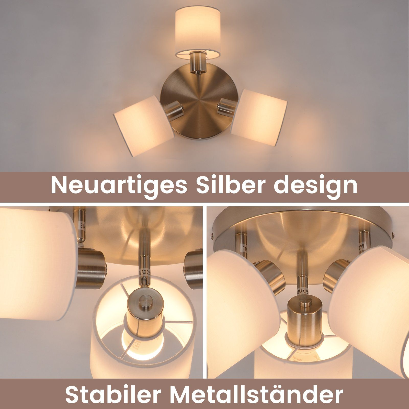 Lampa sufitowa z trzema światłami i srebrnym wykończeniem. Każde światło ma biały klosz. Tło jest białe.