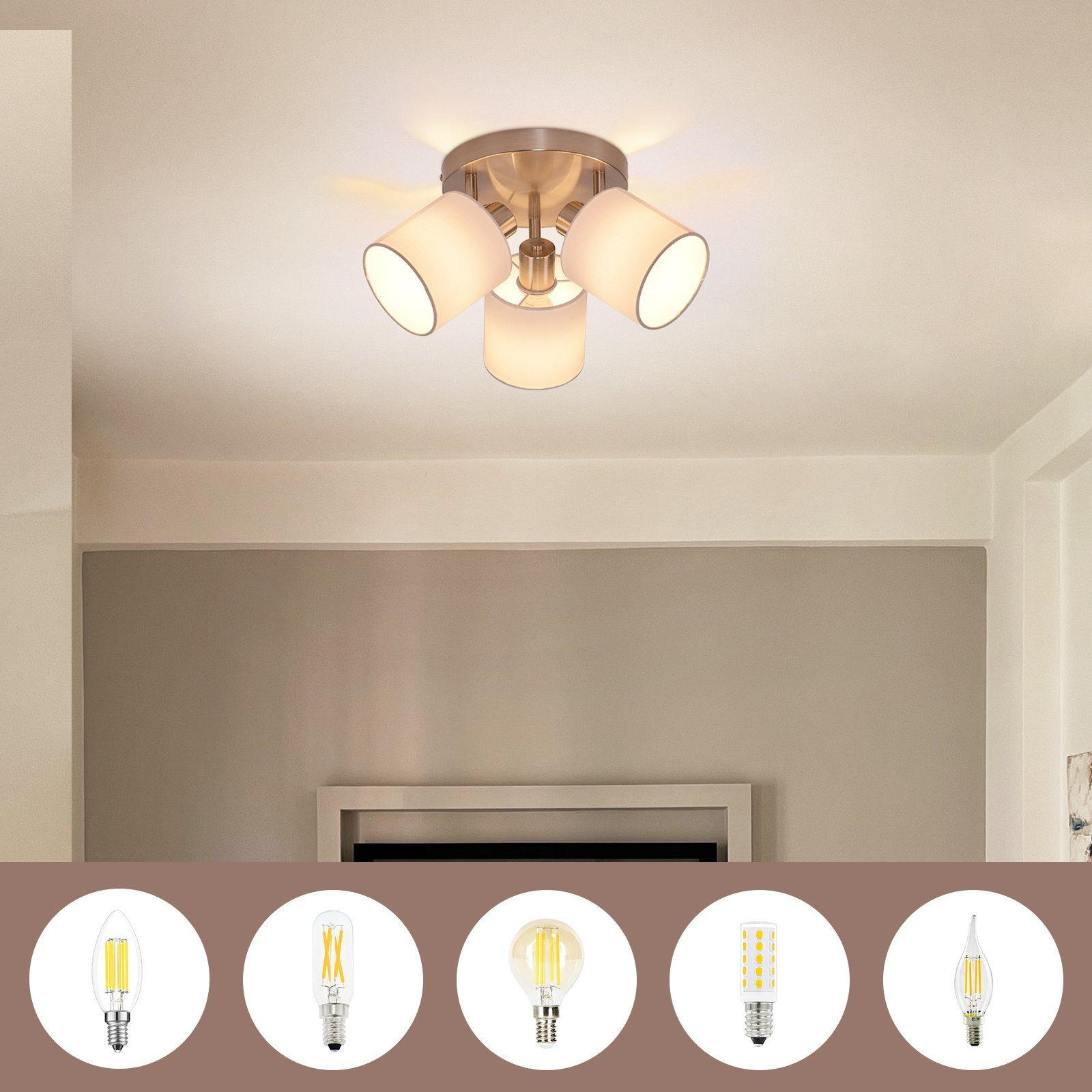 Lampa sufitowa z trzema lampami i różnymi typami żarówek, pokazującymi różne kształty.