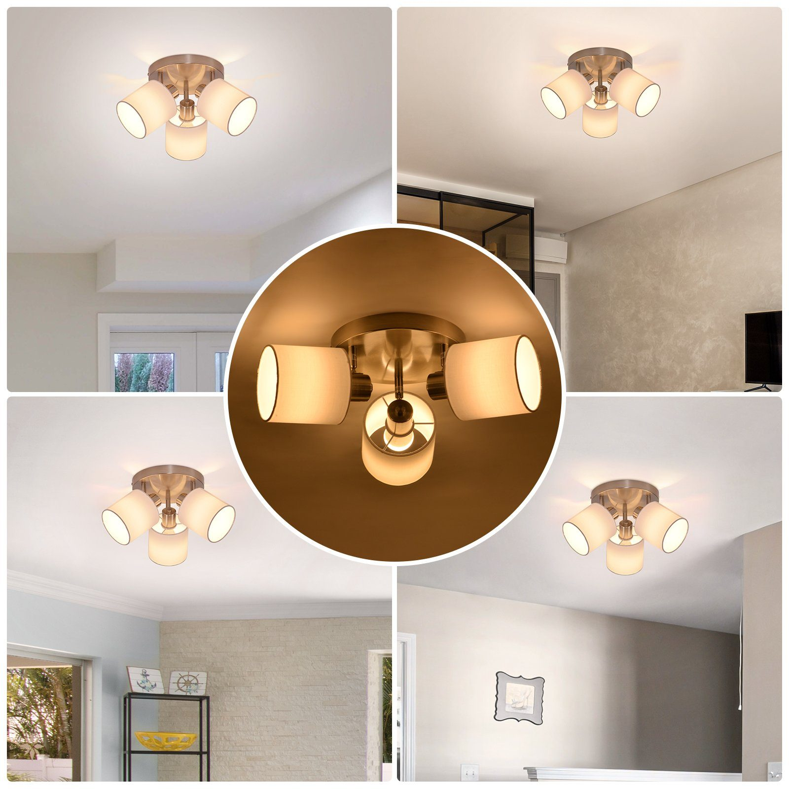 Kolaż zdjęć przedstawiających lampy sufitowe z wieloma białymi kloszami, ustawione w różnych pomieszczeniach.