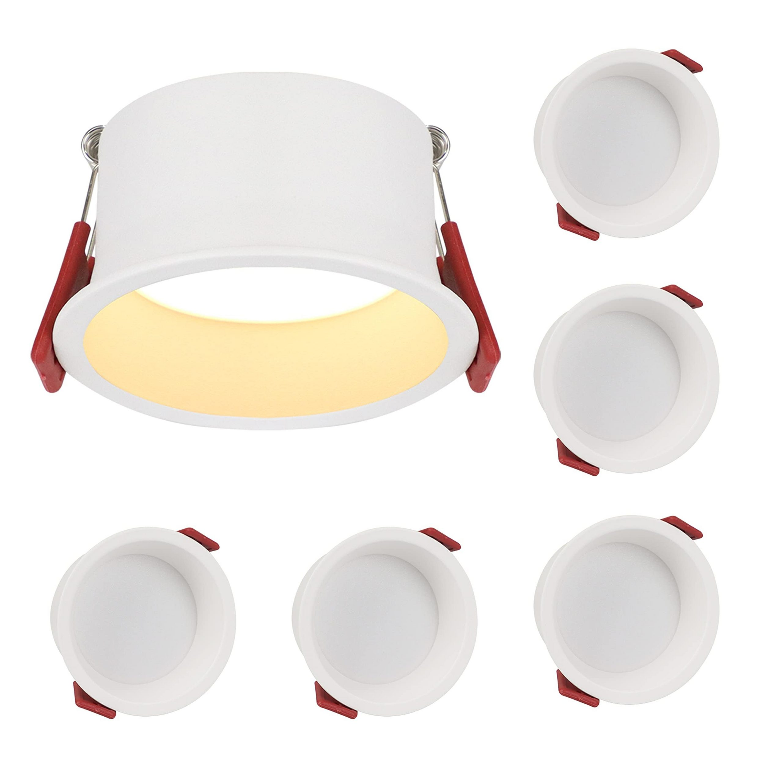 Multiple luci a incasso bianche. Le luci hanno staffe rosse per una facile installazione. Sono circolari.