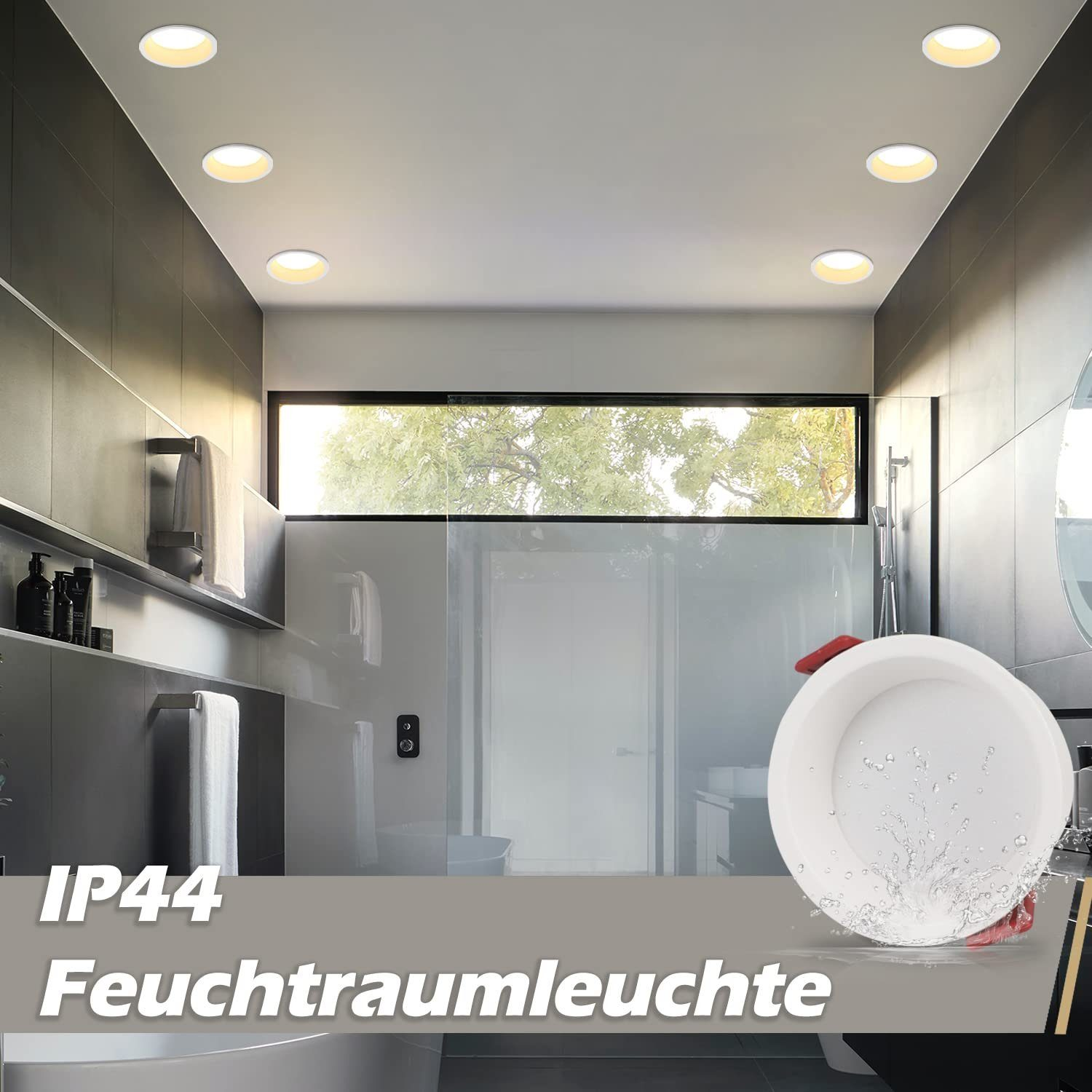 Bagno con faretti, una zona doccia e il testo: IP44 Feuchtraumleuchte.