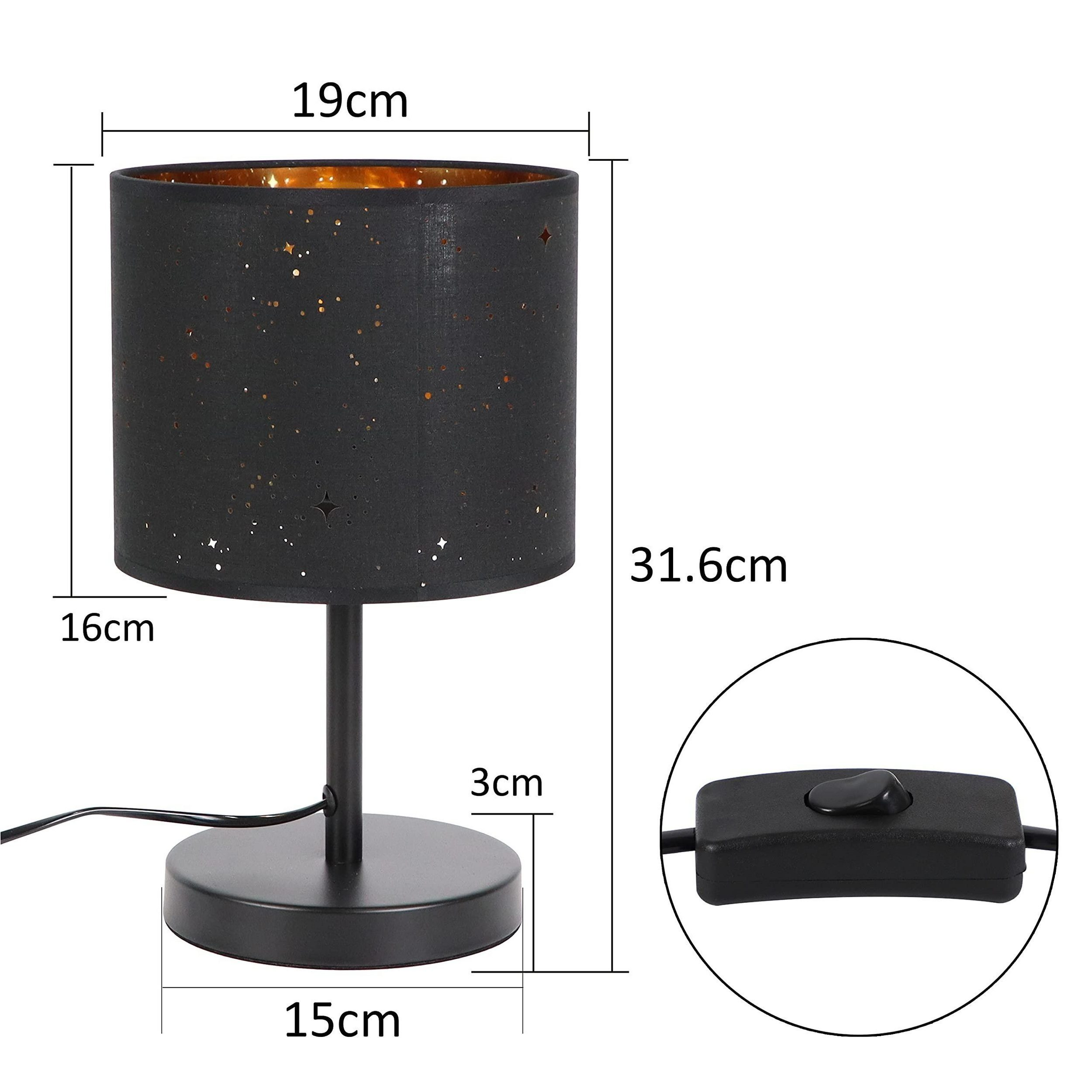 Czarna lampa stołowa z gwiaździstym kloszem, podstawą i włącznikiem, z podanymi wymiarami.