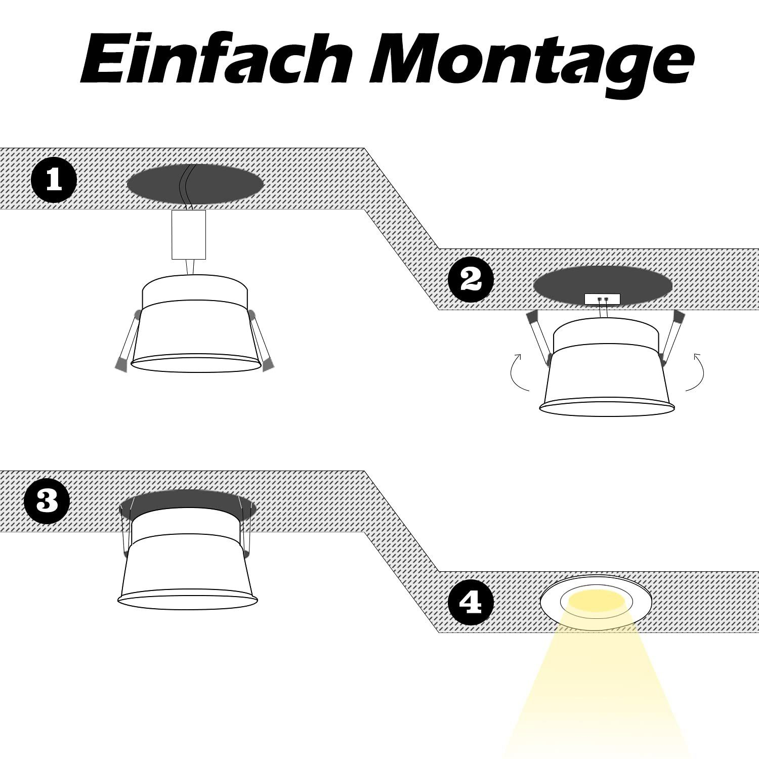 Diagramm zur einfachen Installation einer Einbauleuchte in vier Schritten.