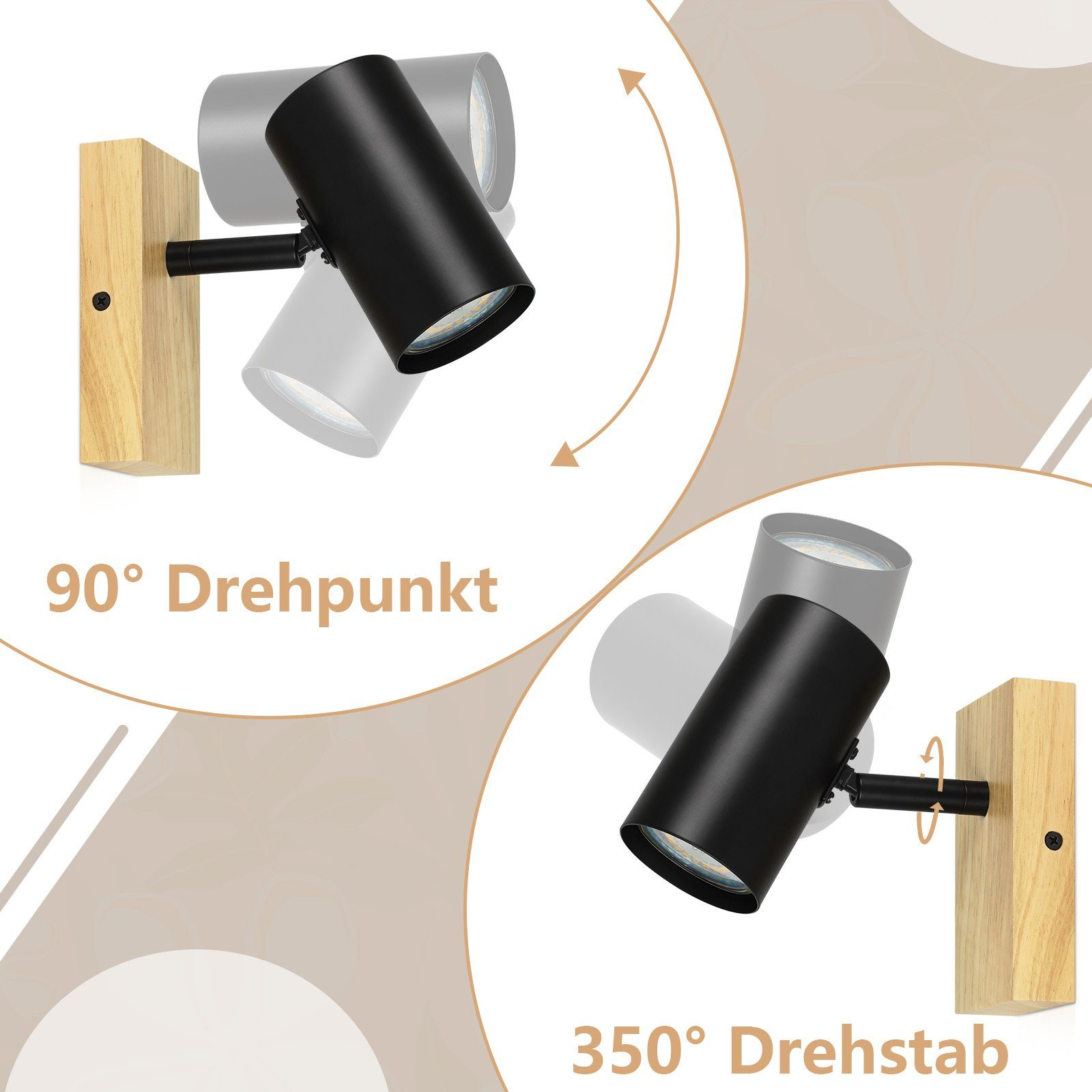Due faretti neri montati su blocchi di legno, che mostrano intervalli di regolazione di 90 e 350 gradi. Sfondo beige.
