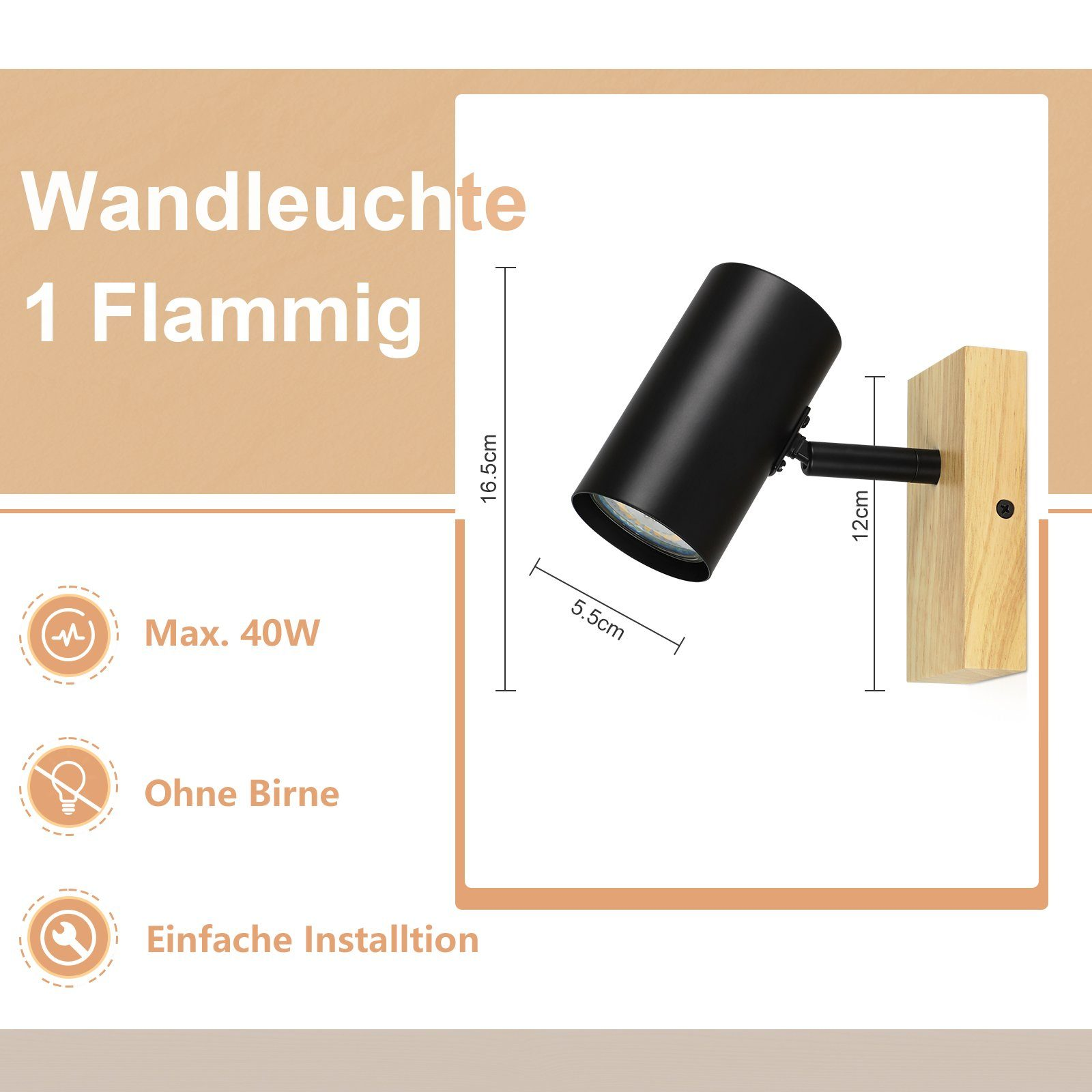 Una lampada da parete nera su una base di legno. Include dimensioni e dettagli sul prodotto.
