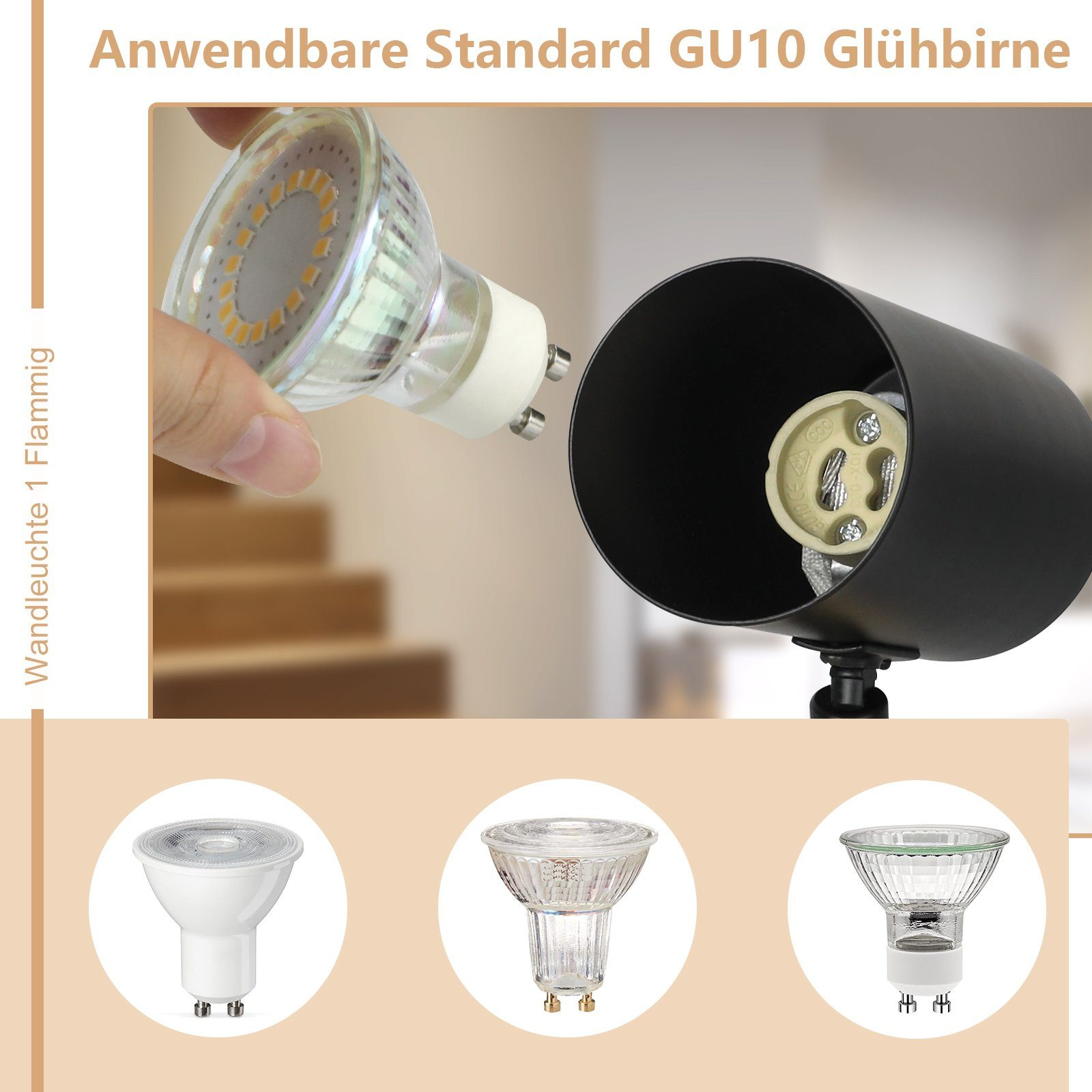 Una mano inserisce una lampadina GU10 in una lampada nera. Sotto sono mostrate tre diverse lampadine.