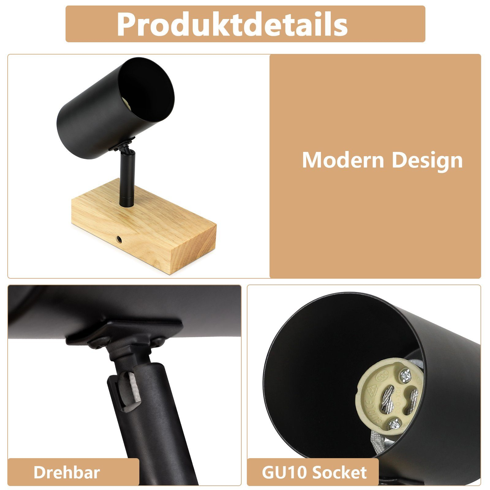 Una lampada dal design moderno nero con base in legno, con dettagli sulla presa e sulla regolabilità.