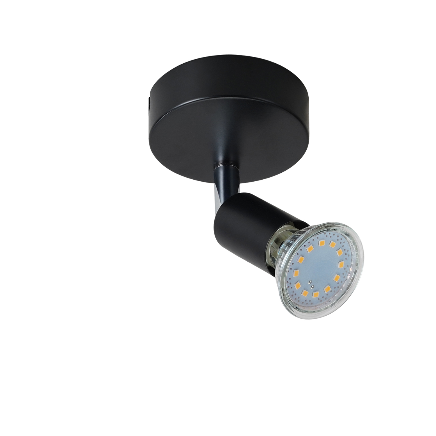 Faretto nero, base rotonda, testa regolabile, copertura trasparente della lampadina. Sfondo bianco.