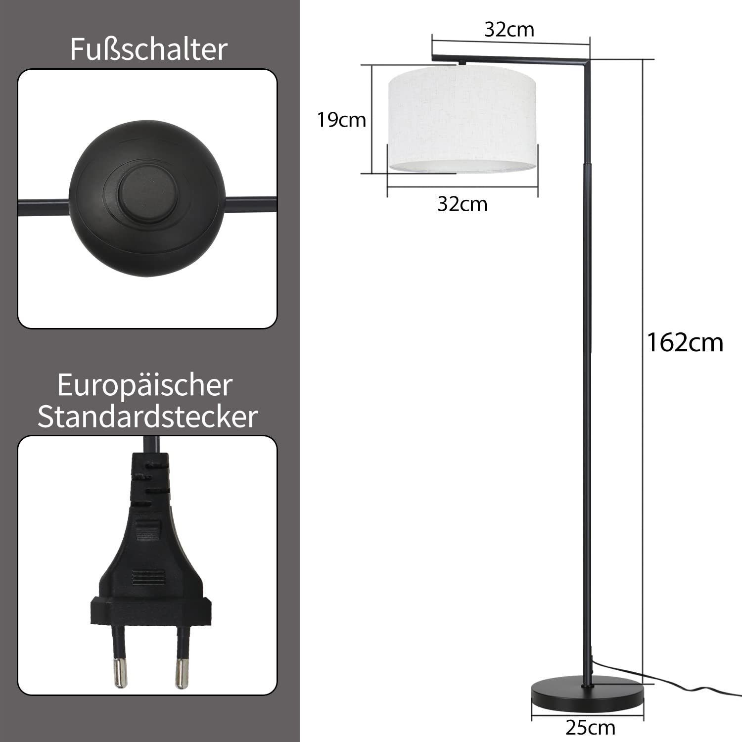 Lampada da terra con interruttore a pedale e spina europea. Ha un paralume bianco e un palo e una base neri.