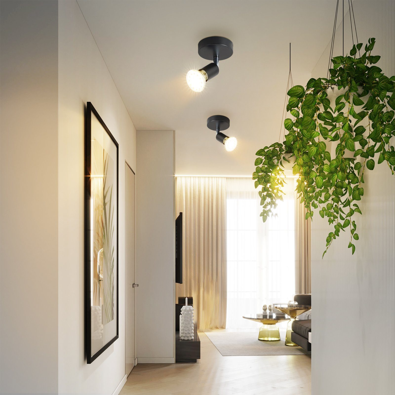 Scena korytarza z reflektorami i wiszącymi roślinami. Zawiera obraz i konsolę.