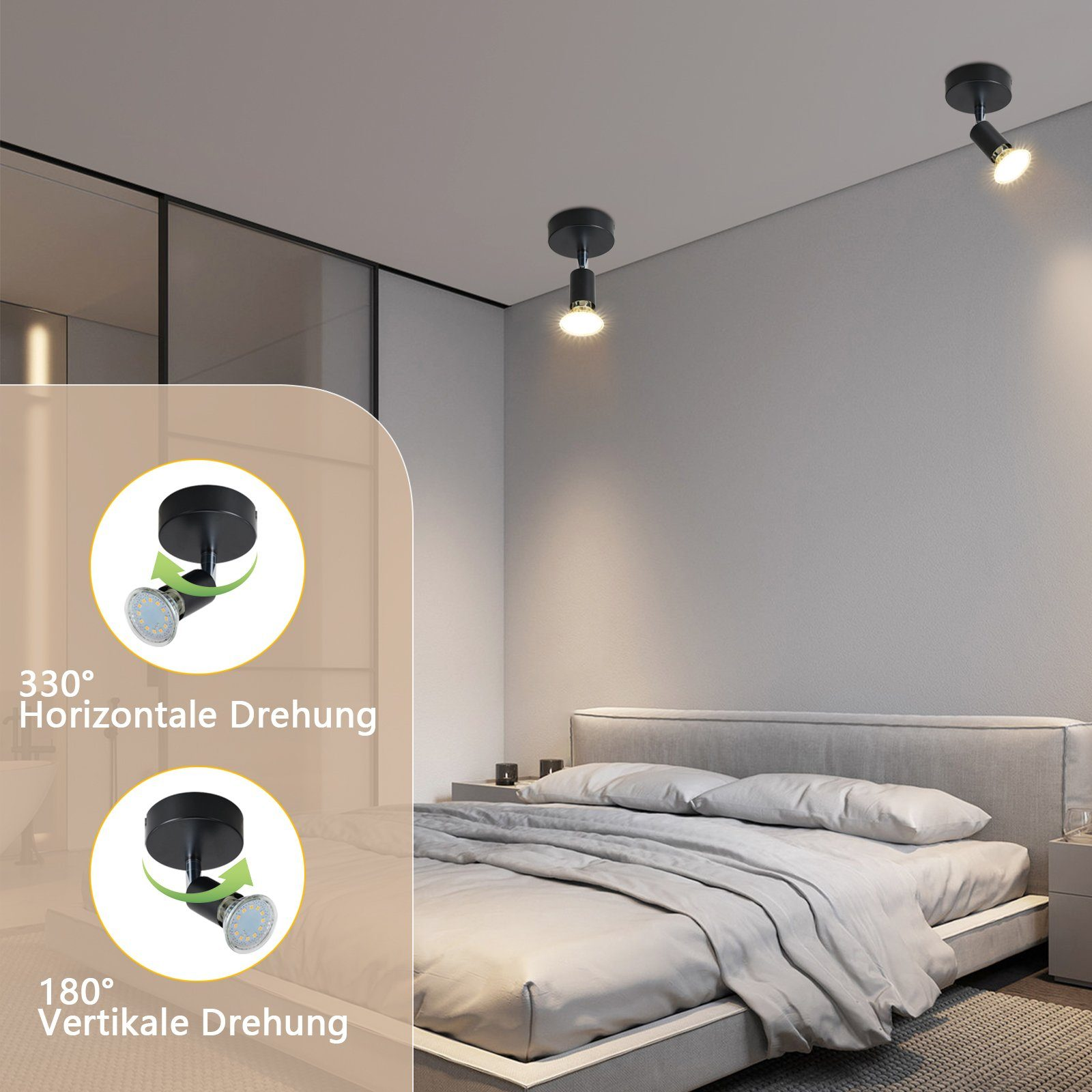 Due faretti da soffitto neri, che mostrano i gradi di rotazione orizzontale e verticale, in una camera da letto.