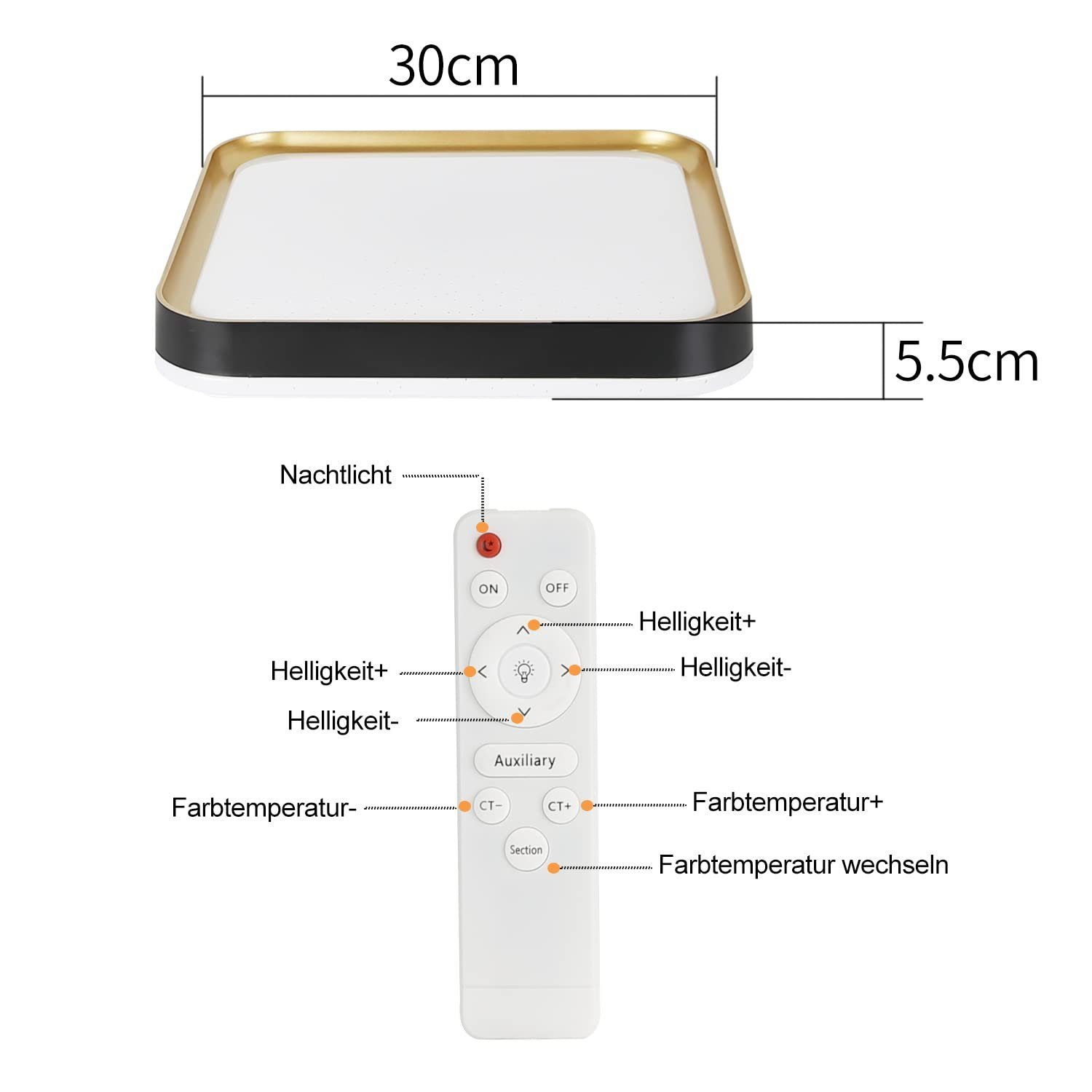 Luce quadrata e telecomando con etichette. Mostra dimensioni e pulsanti di controllo.