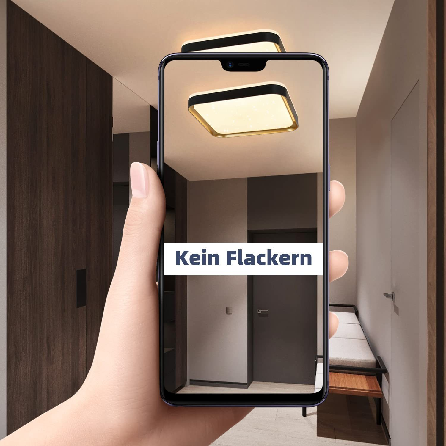 Una persona tiene in mano un telefono che mostra un lampadario. Il testo sul telefono dice 'Kein Flackern'.