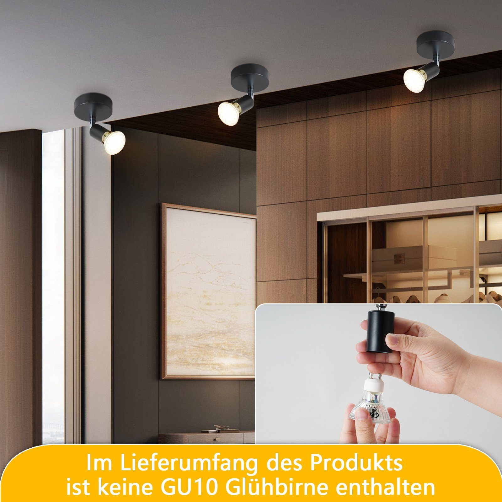 Tre faretti montati a soffitto, con una mano che tiene una lampadina GU10.