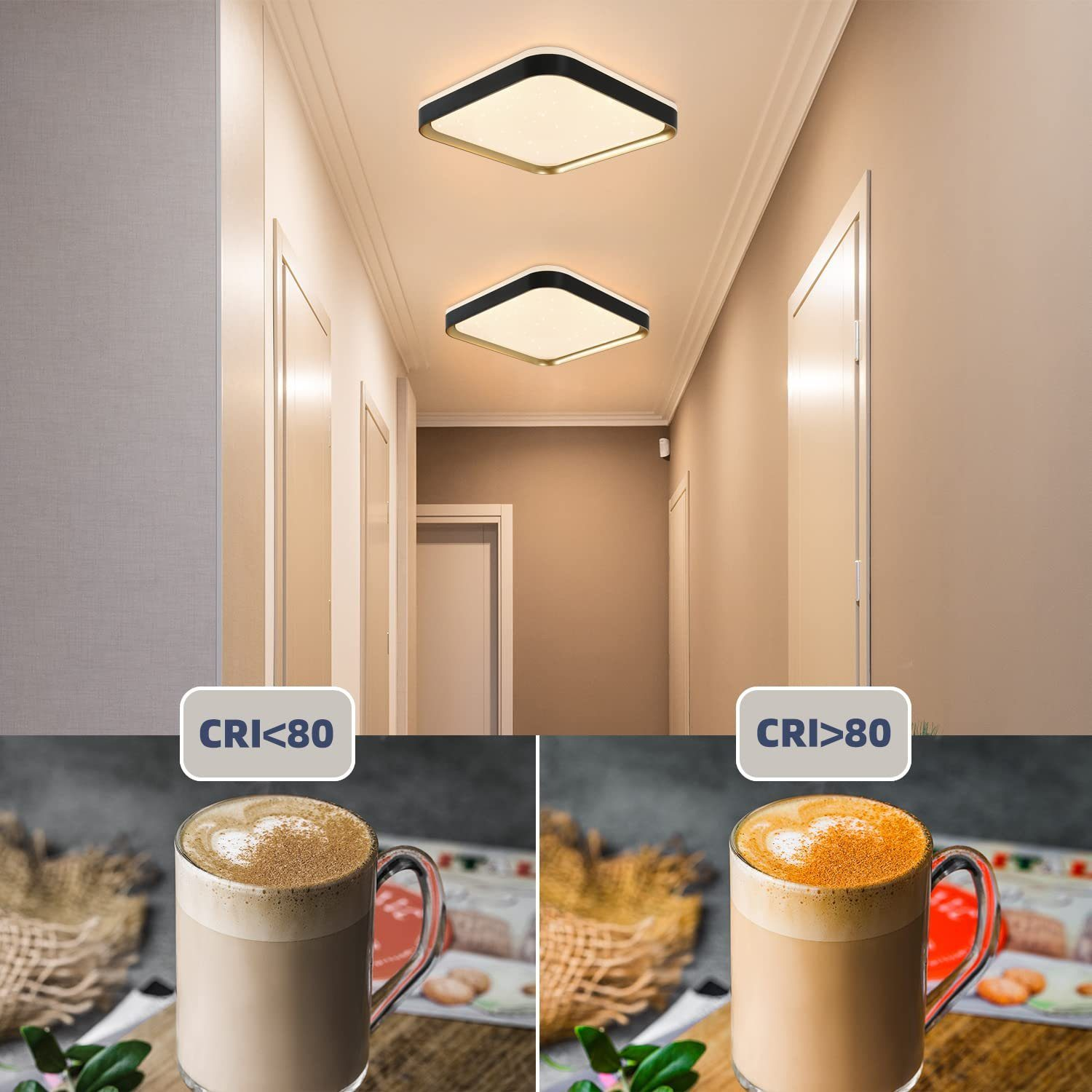 Due lampade a soffitto in un corridoio. Due tazze di caffè sotto con etichette CRI.