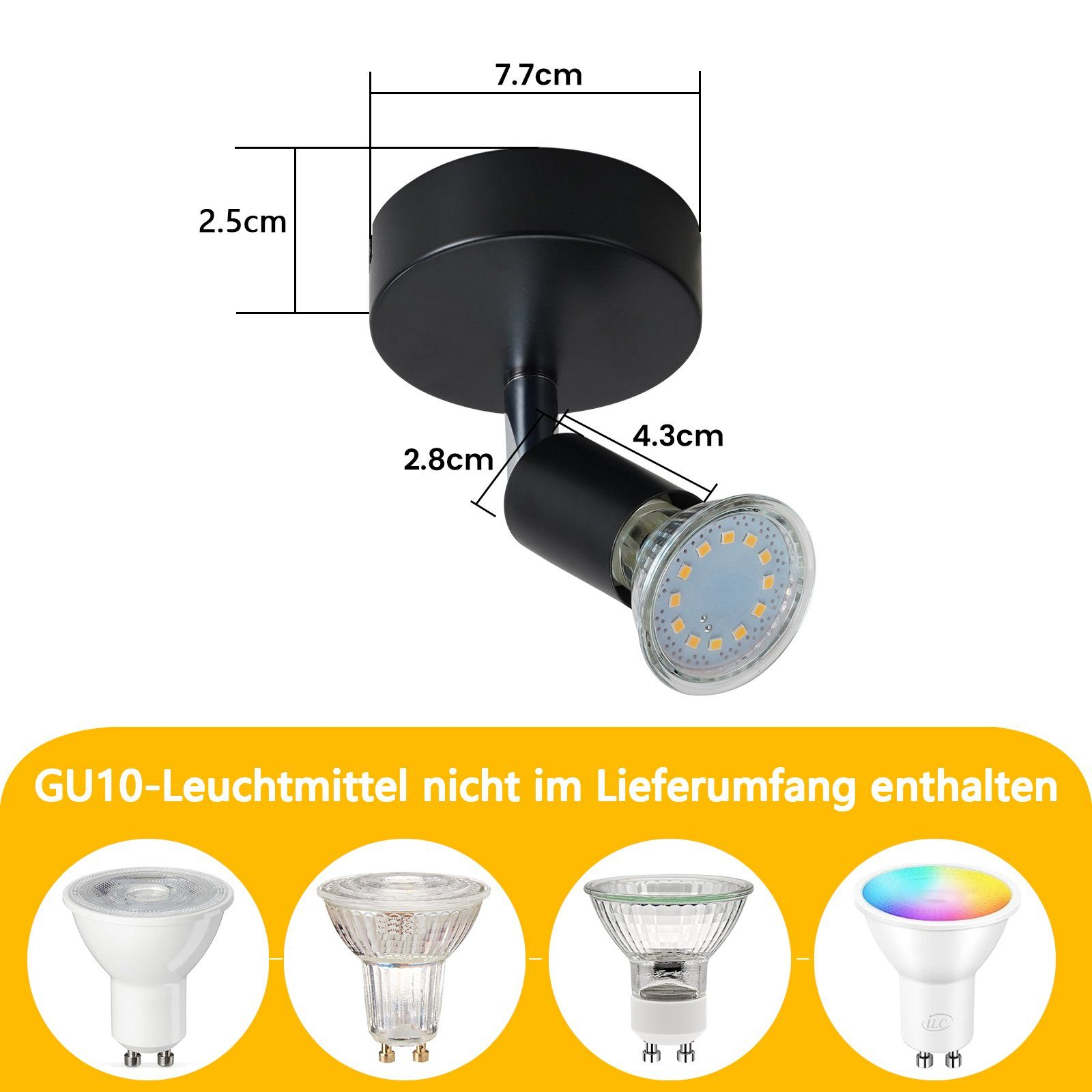 Un faretto nero con dimensioni ed esempi di lampadine compatibili, con attacco GU10.