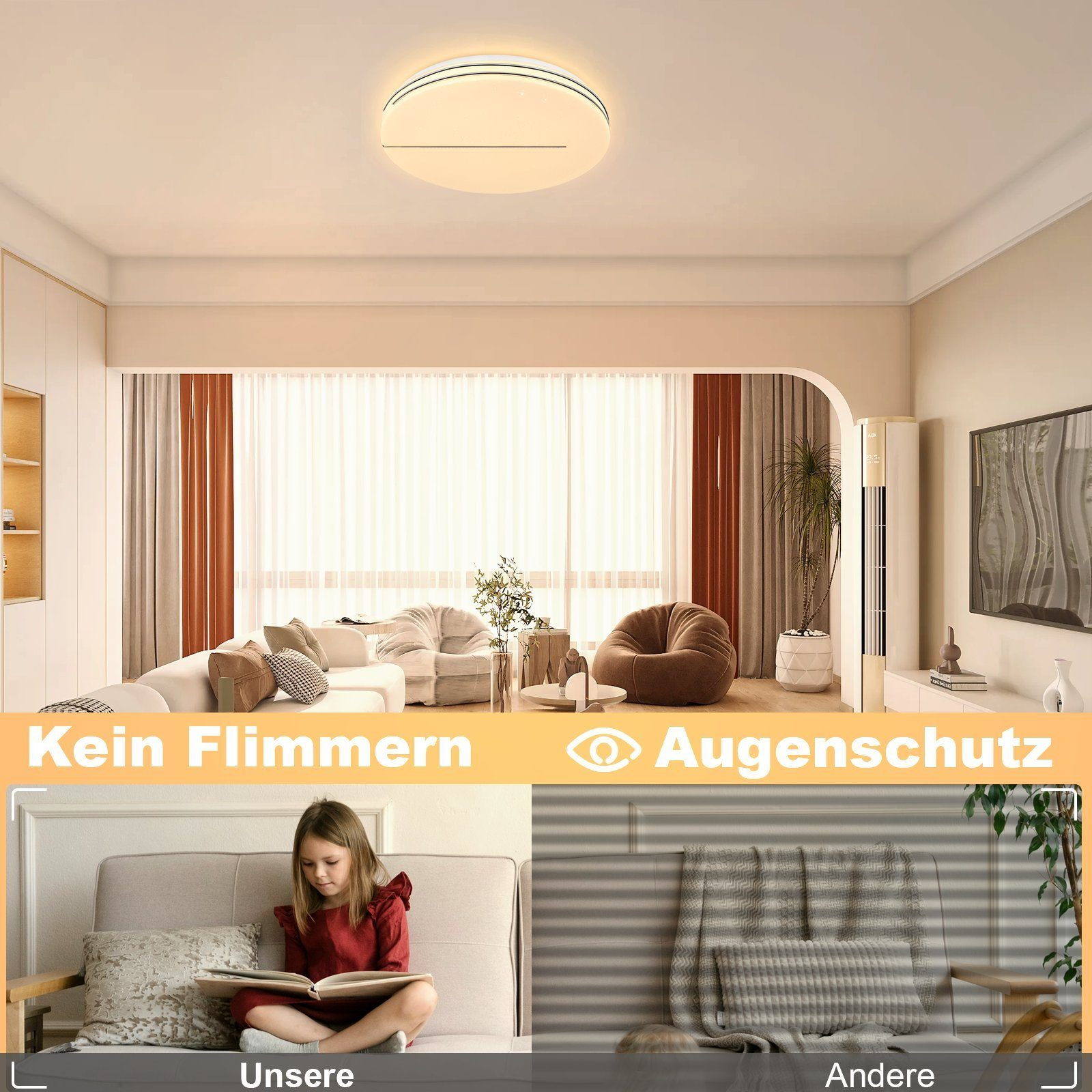 Modernes Wohnzimmer mit Deckenleuchte. Ein Mädchen liest links ein Buch, rechts eine Person.
