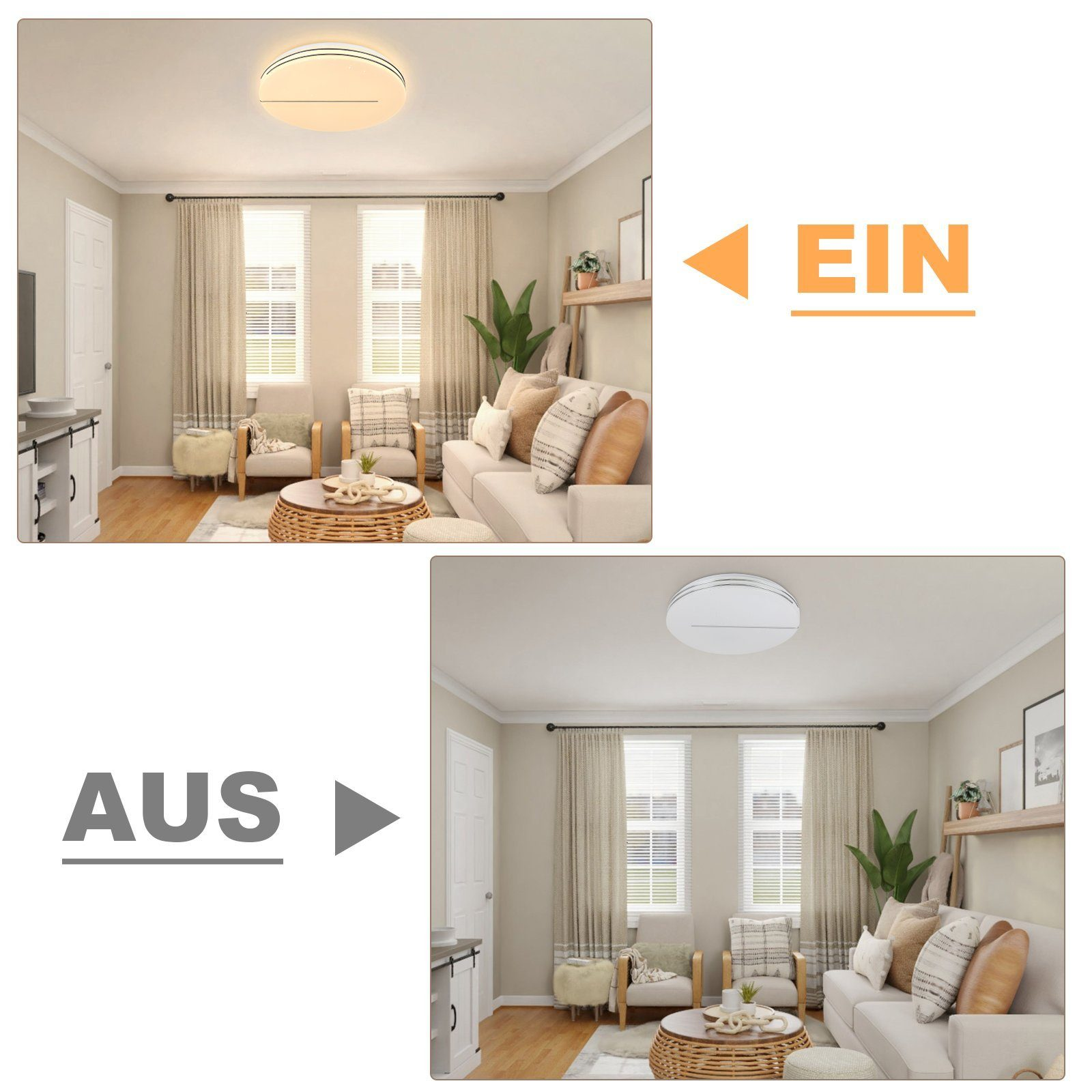Wohnzimmer mit weißer Deckenleuchte, ein und aus. Weiße Wände, Sofa und Vorhänge sind im Hintergrund.