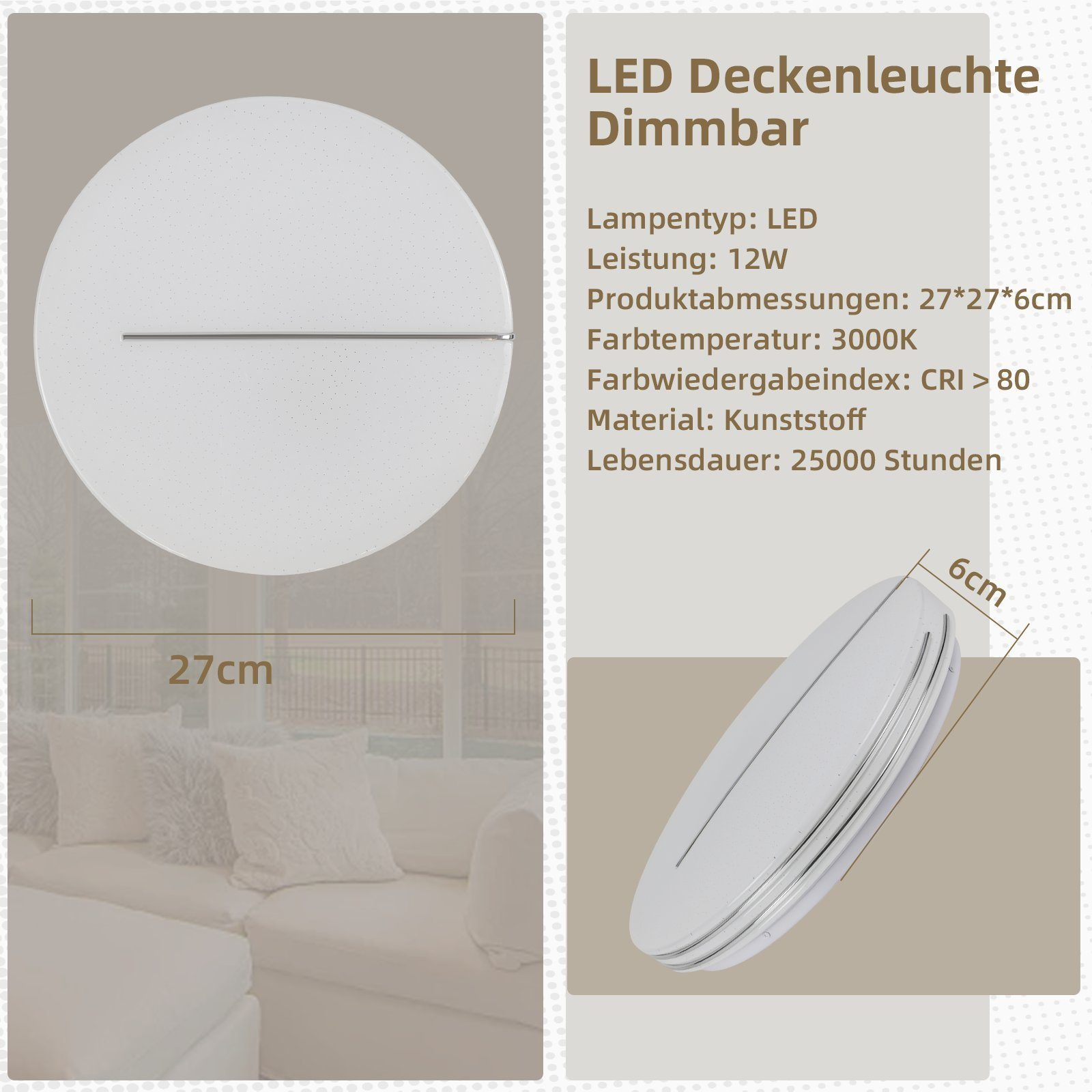 Ein detailliertes Bild einer weißen, dimmbaren LED-Deckenleuchte. Die Produktabmessungen werden angezeigt.