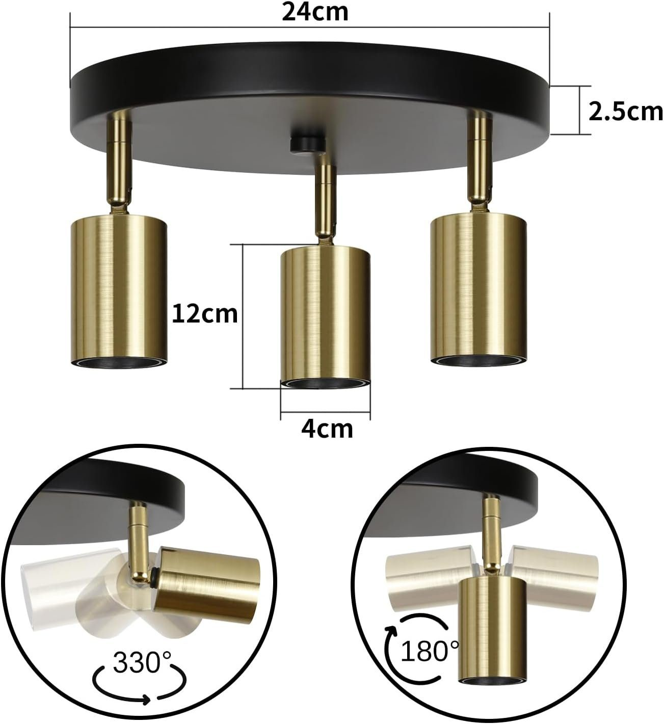 Diagramma che mostra le dimensioni e gli angoli regolabili di un lampadario con tre lampade cilindriche.