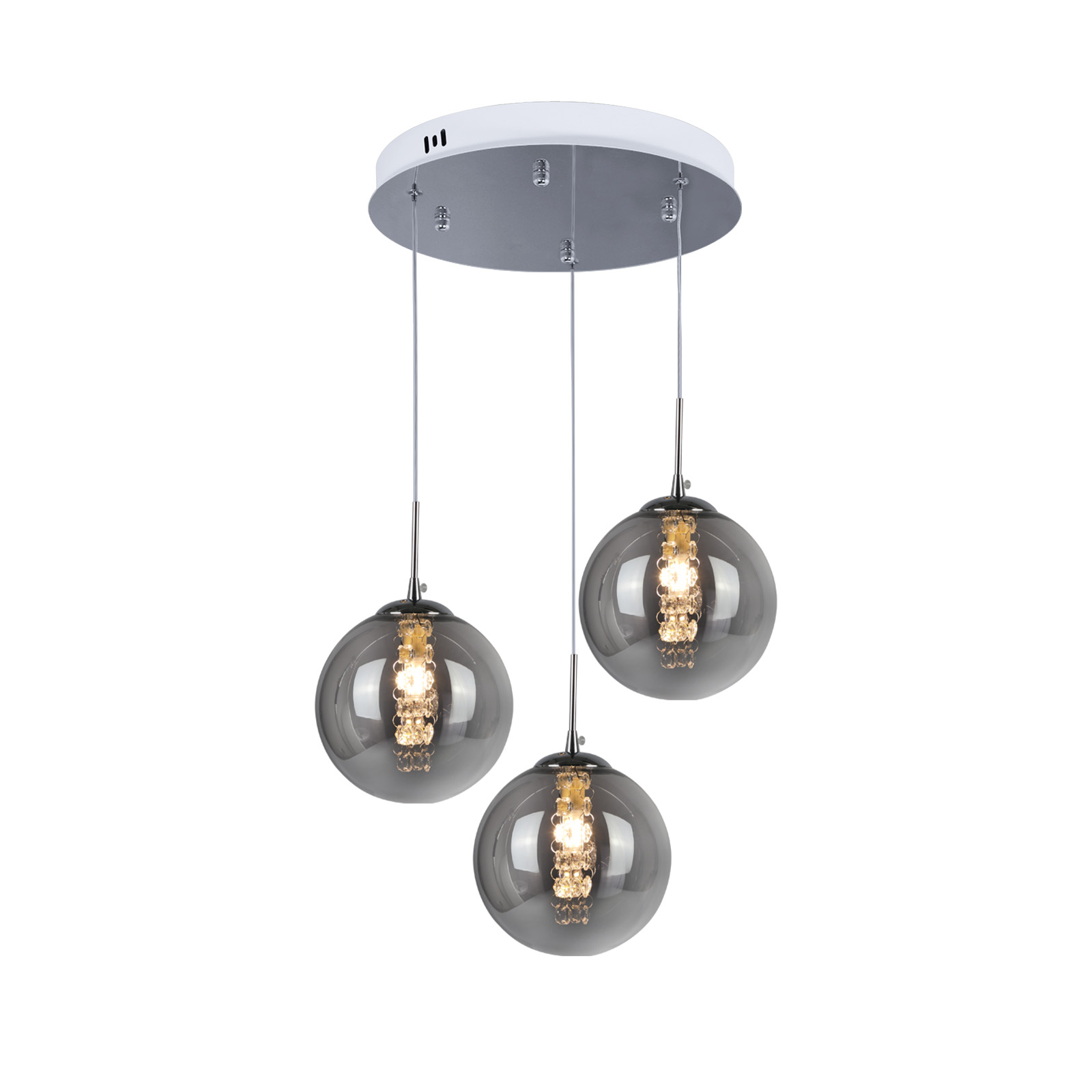 Lampa wisząca z trzema światłami z okrągłymi, przydymionymi kloszami. Oprawa ma białą podstawę.