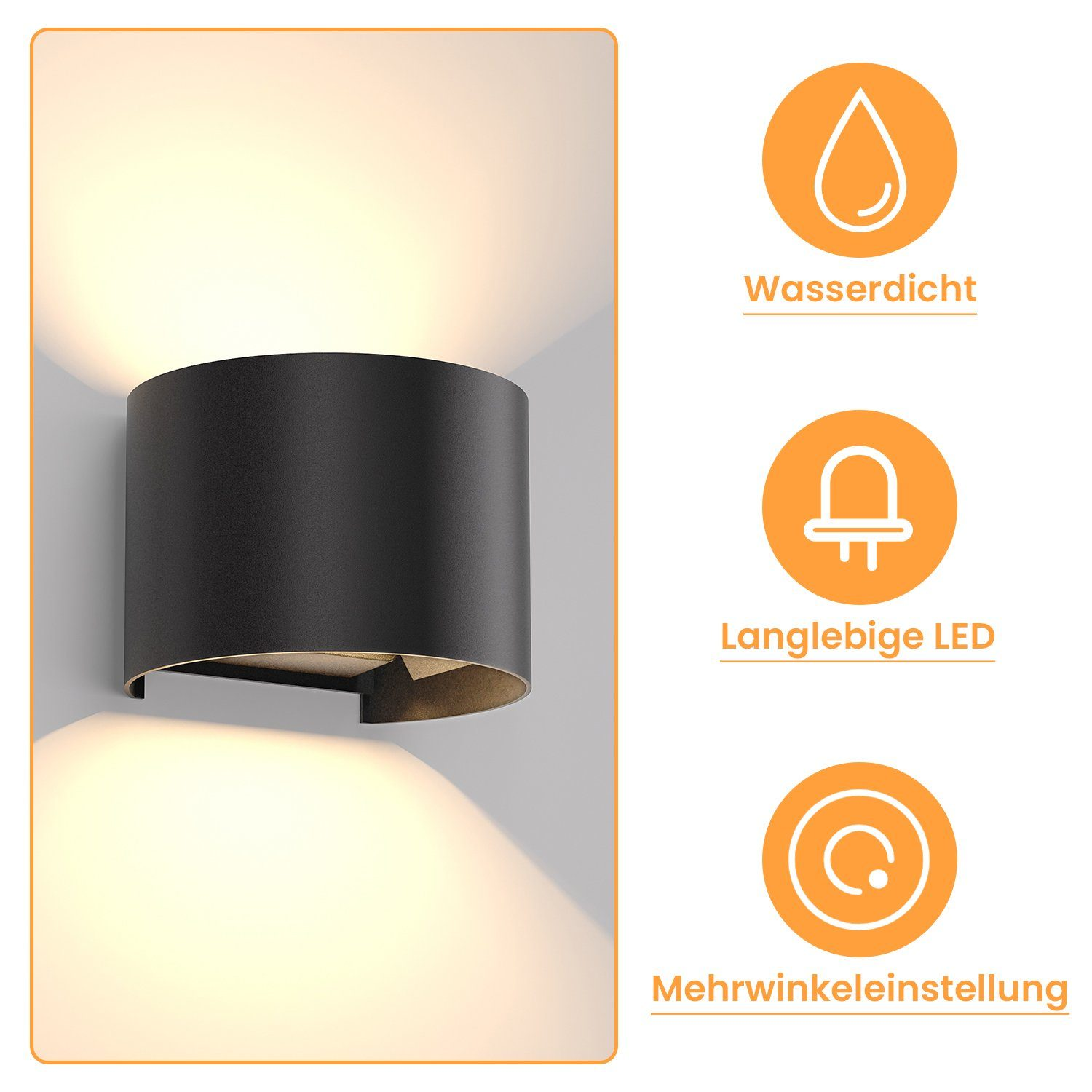 Applique da parete esterna nera su muro bianco. Resistente all'acqua, LED e regolazione multi-angolo.