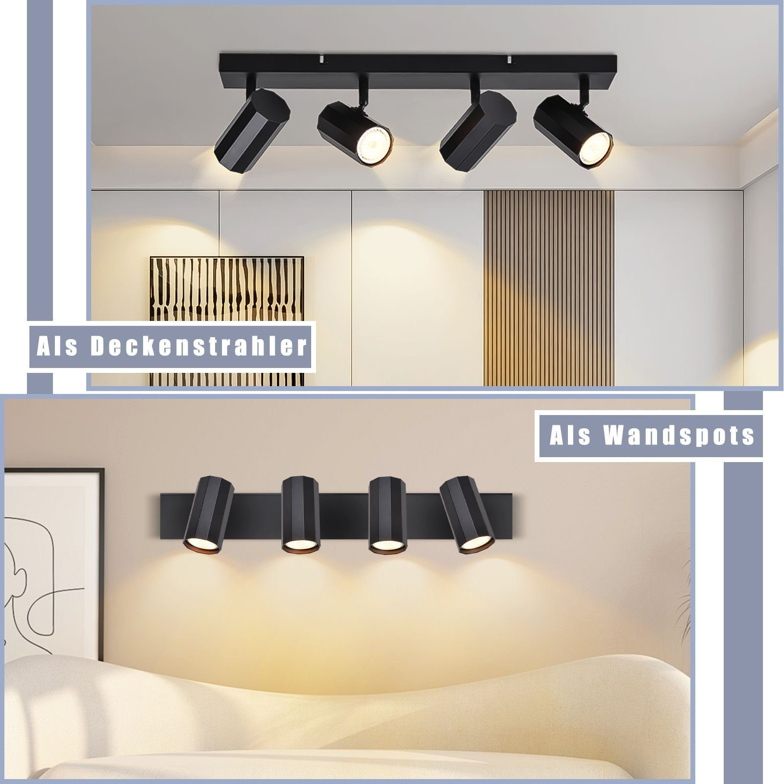 Faretti neri a soffitto e parete.