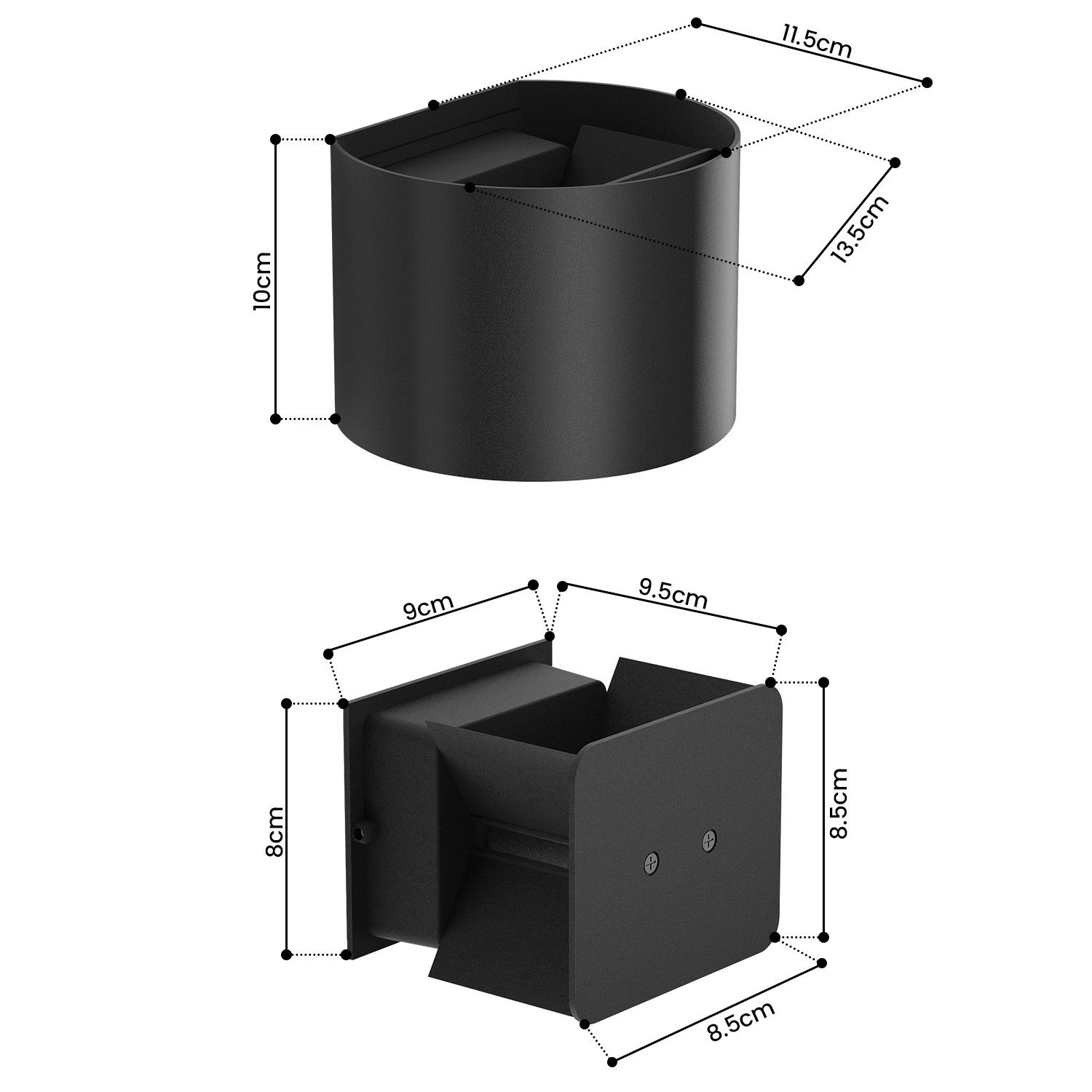Due applique nere, dimensioni indicate. Sfondo nero.