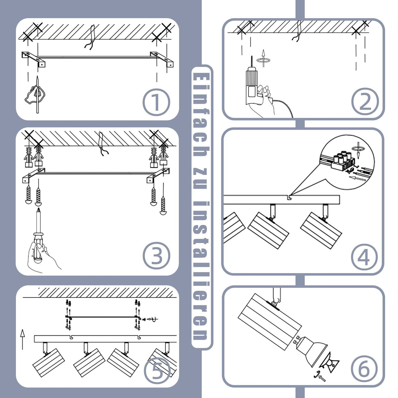Istruzioni per l'installazione di luci a binario, che mostrano i passaggi con diagrammi e testo.