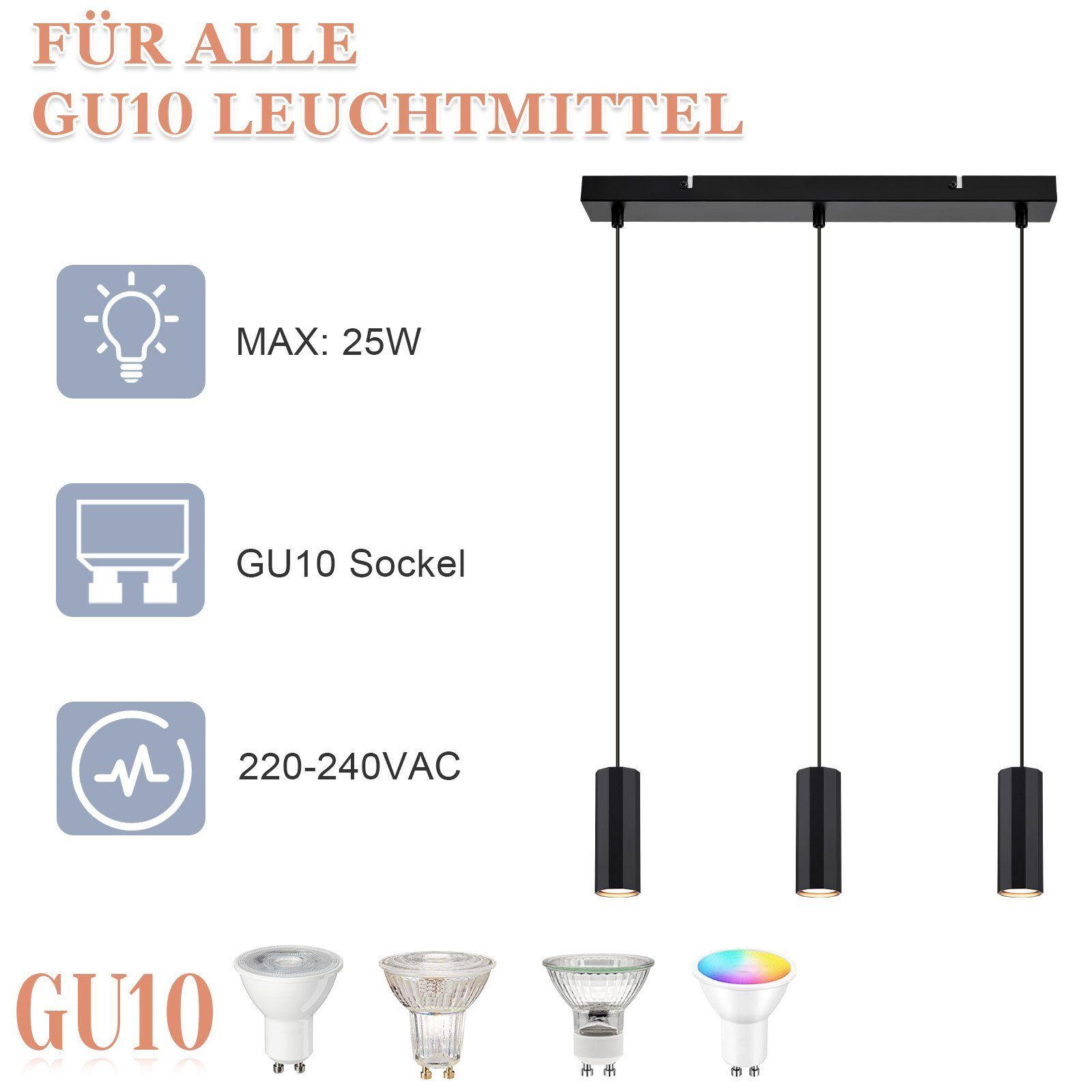 Drei schwarze Pendelleuchten mit zylindrischen Schirmen, die an einem schwarzen Balken hängen. Verschiedene GU10-Glühbirnen sind gezeigt.