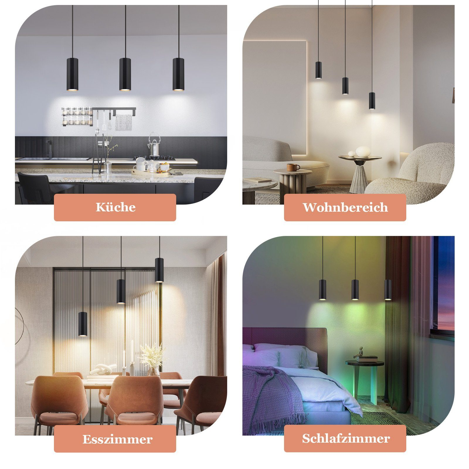 Vier Bilder von schwarzen Pendelleuchten in verschiedenen Umgebungen: Küche, Wohnzimmer, Esszimmer und Schlafzimmer.